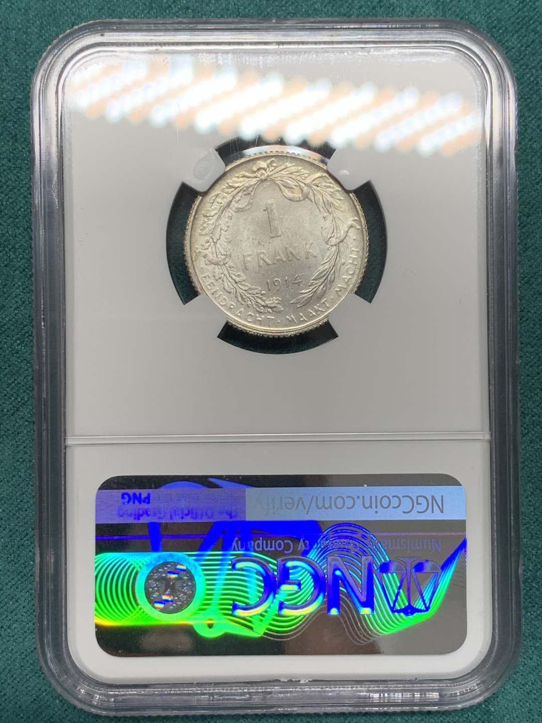 《竞宝斋》第148场-周日，周一 2场 (全场包邮) NGC-UNC 比利时1914年 埃尔佩托 1法郎银币 顶级好品 粉光