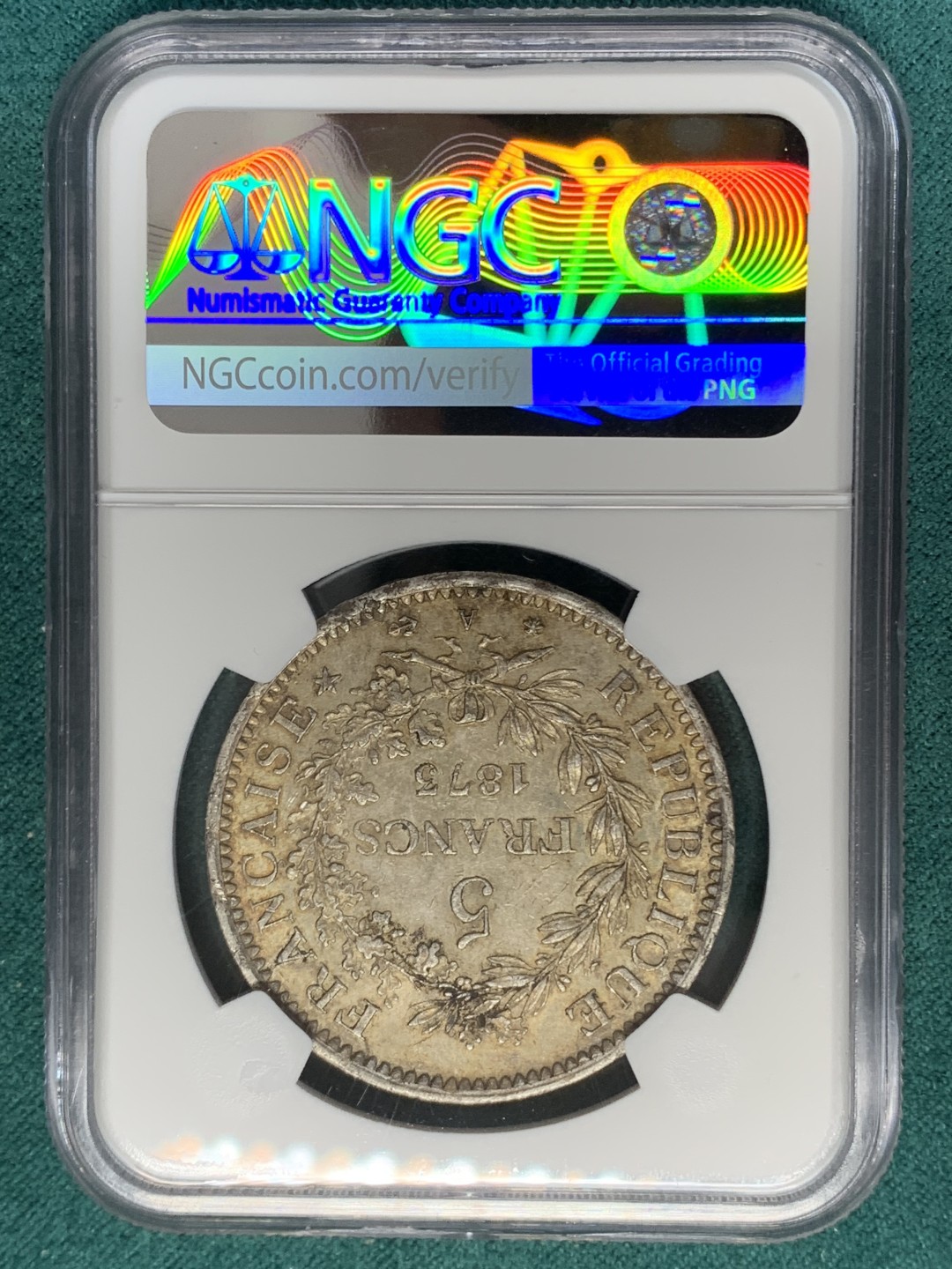 《竞宝斋》第148场-周日，周一 2场 (全场包邮) NGC-AU55 法国1873年 大力神5法郎银币 原味老包浆