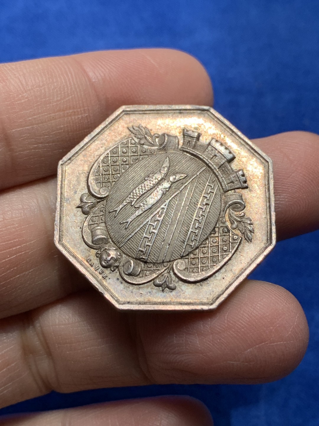 《竞宝斋》第148场-周日，周一 2场 (全场包邮) 法国1860-1879 塞纳河储蓄银行 银质八角代币 17.16g，32.3mm，蜜蜂边铭 银标