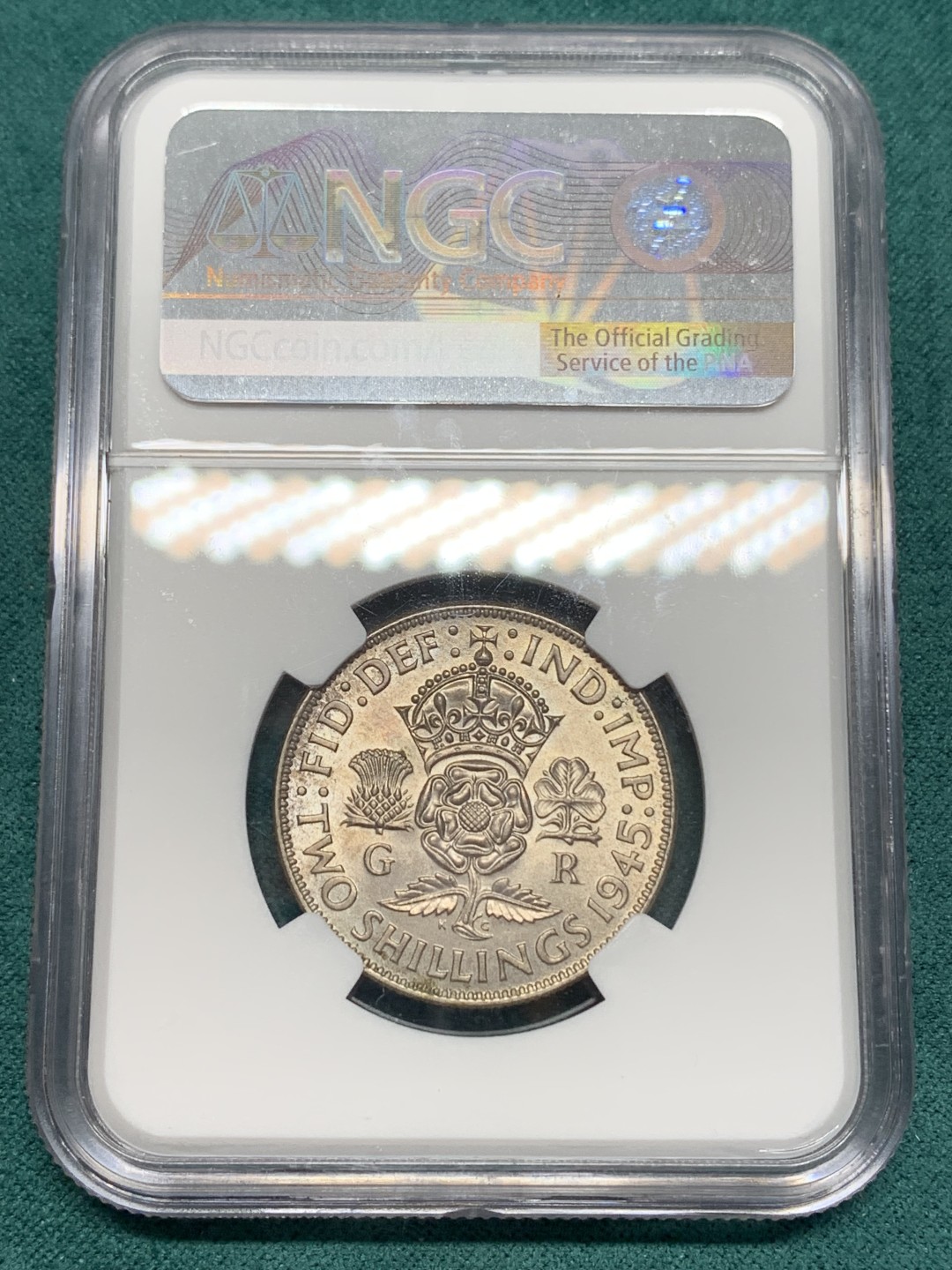 《竞宝斋》第148场-周日，周一 2场 (全场包邮) NGC-MS62 英国 1945年 乔治六世1弗洛林银币 原光淡彩 光度非常好 背面状态不输64