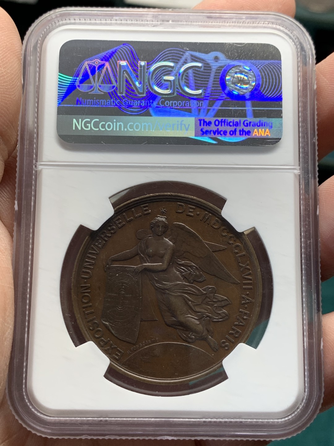 《竞宝斋》第148场-周日，周一 2场 (全场包邮) NGC-MS63 法国 1867 拿破仑三世纪念铜章 大师 Hubert Ponscarme 杰作 37mm