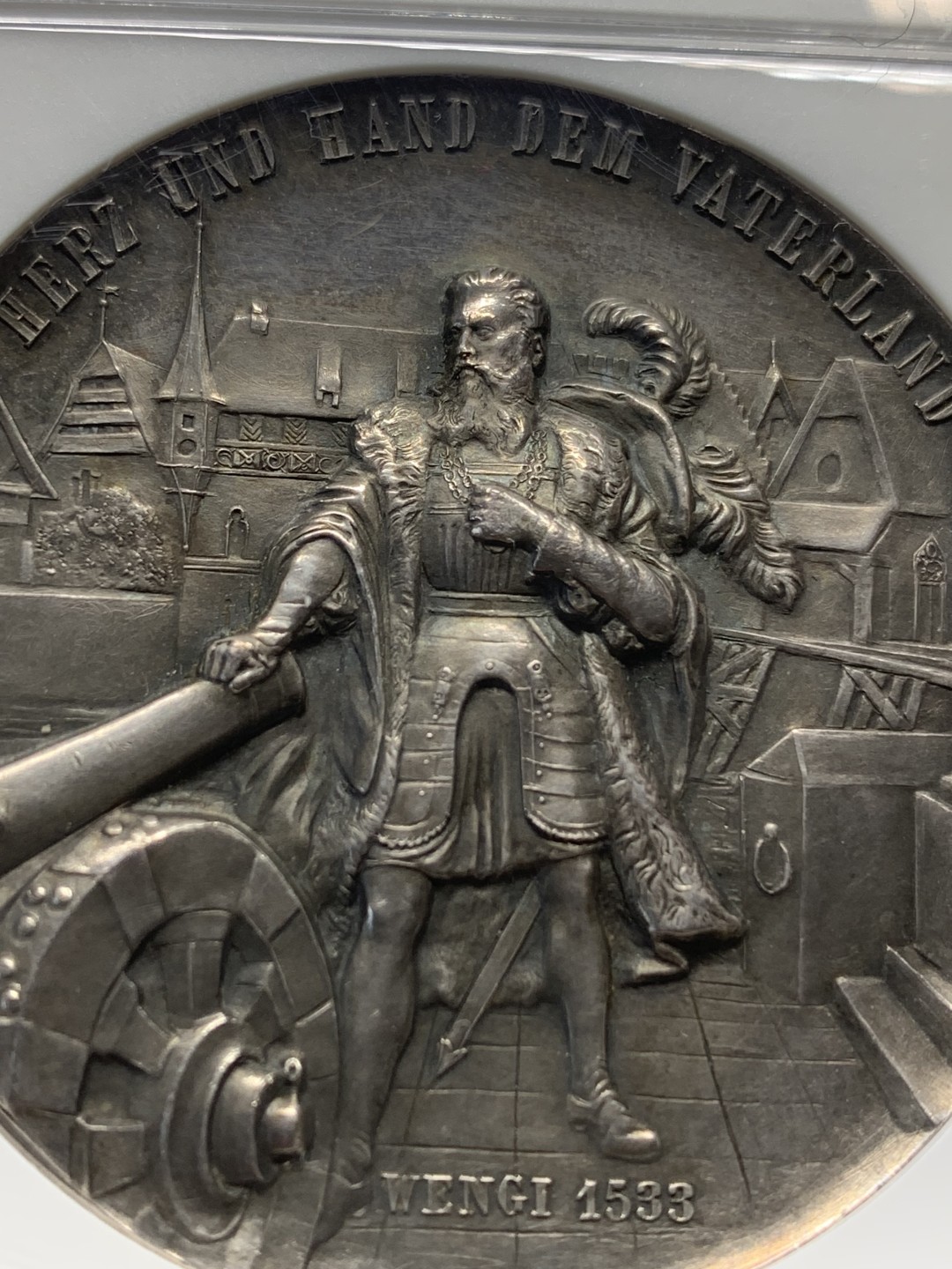 《竞宝斋》第148场-周日，周一 2场 (全场包邮) NGC-MS61 瑞士 1890年 索伦图恩 射击节 银章 少见品种 高浮雕漂亮