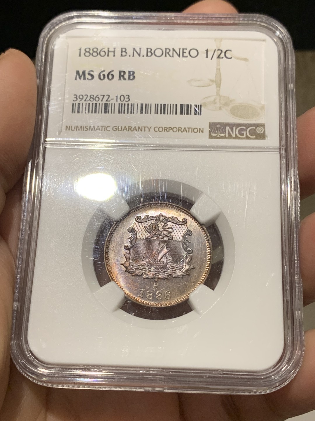 《竞宝斋》第148场-周日，周一 2场 (全场包邮) NGC-MS66RB 英属北婆罗洲 1886年（H） 洋元半分 高分状态好 铜光极强 收藏佳品！