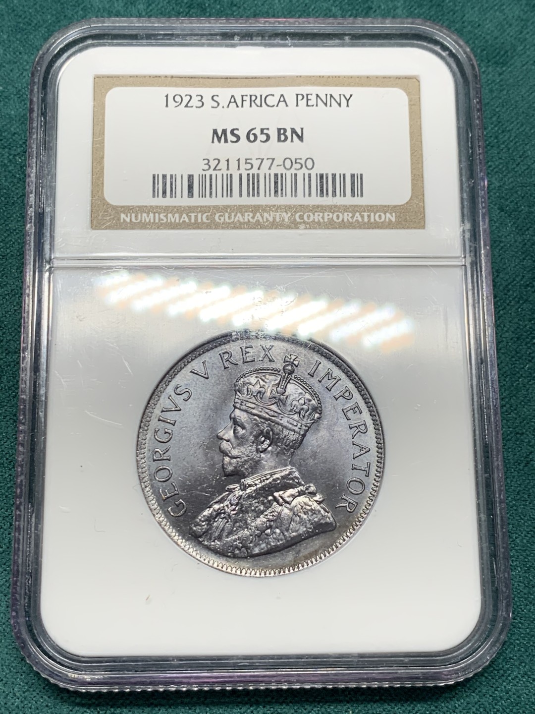 《竞宝斋》第148场-周日，周一 2场 (全场包邮) 季军 NGC MS65BN 英属南非 1923 乔五1便士铜币 恰好百年 保存难得