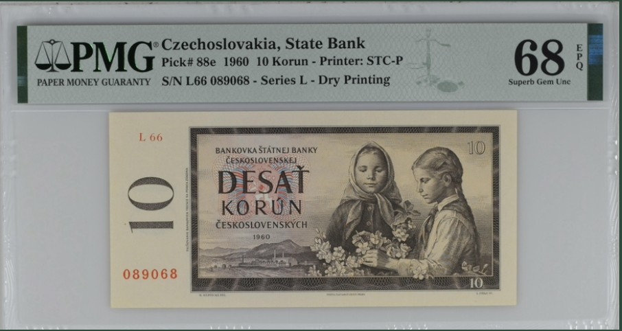 收藏联盟Quantum Auction 第245期拍卖  捷克斯洛伐克1960年10克朗 PMG68 号码无47 倒置号 小女孩