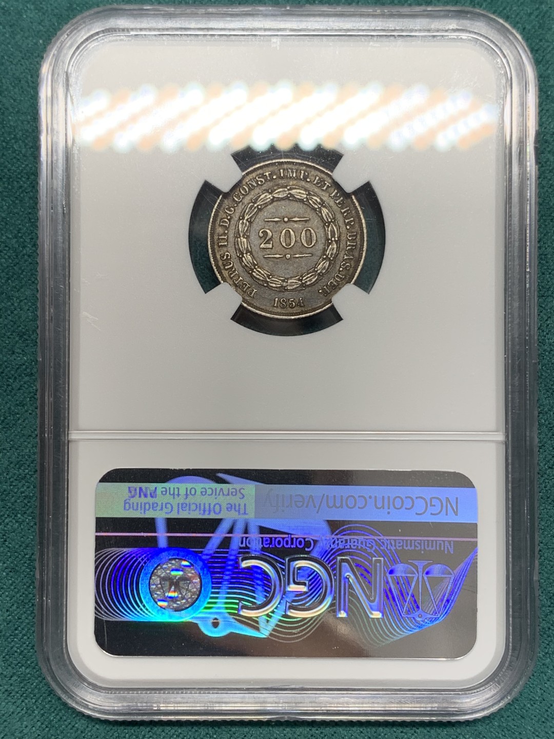 《竞宝斋》第148场-周日，周一 2场 (全场包邮) NGC-XF45 1854巴西200里亚尔银币，小叶版，小年，有分的更不多见