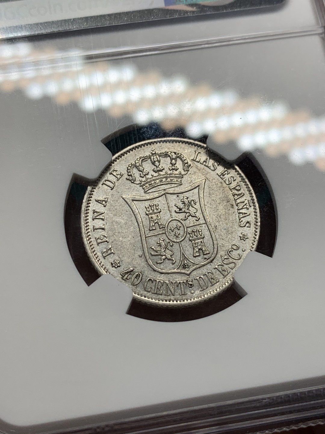 《竞宝斋》第148场-周日，周一 2场 (全场包邮) NGC-AU53 西班牙 1868 猪头妹妹 40分银币（2角型）少见品种