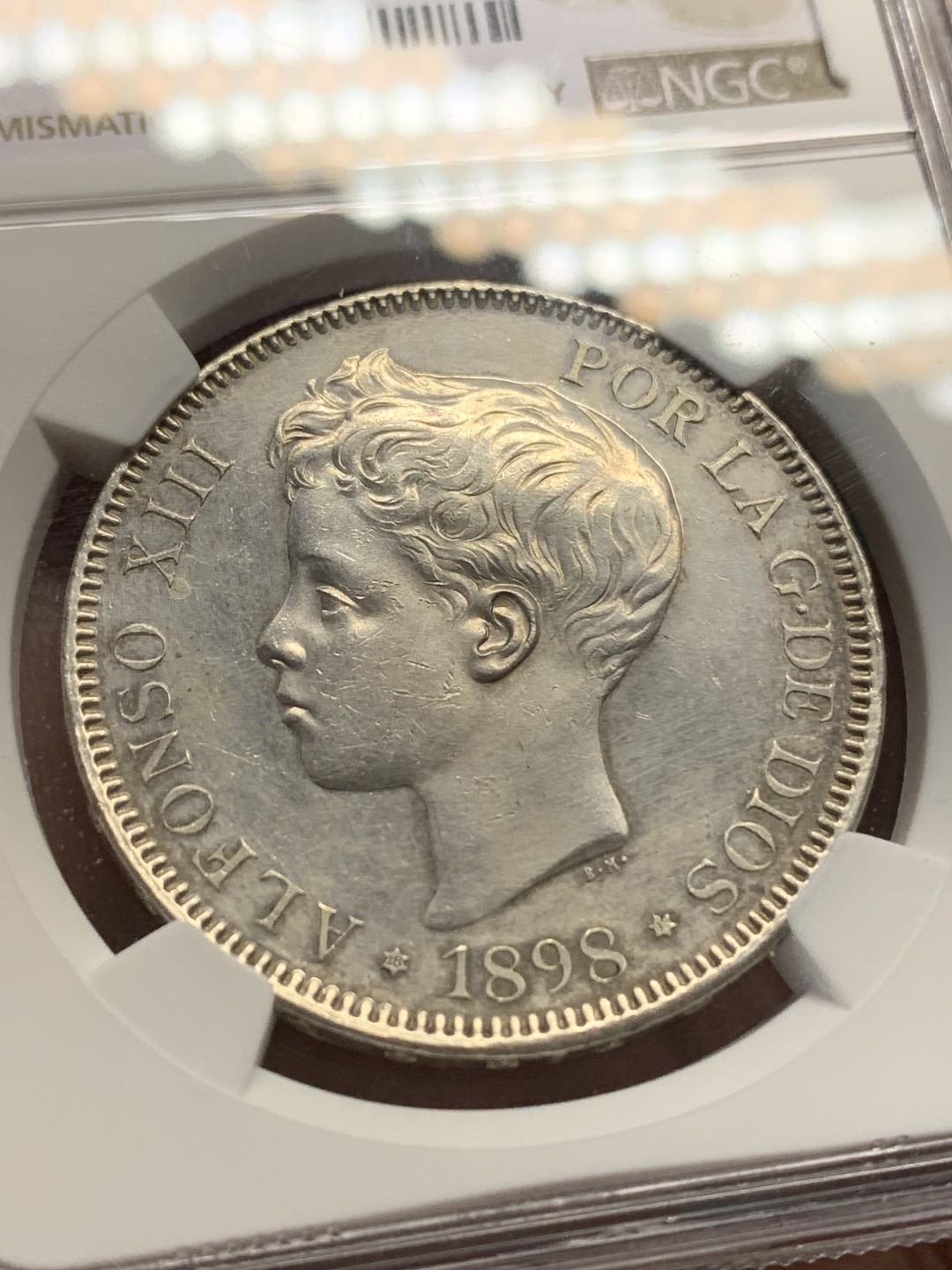 《竞宝斋》第148场-周日，周一 2场 (全场包邮) NGC UNC 西班牙 1898年 阿方索十三世 5比塞塔银币 细节不错