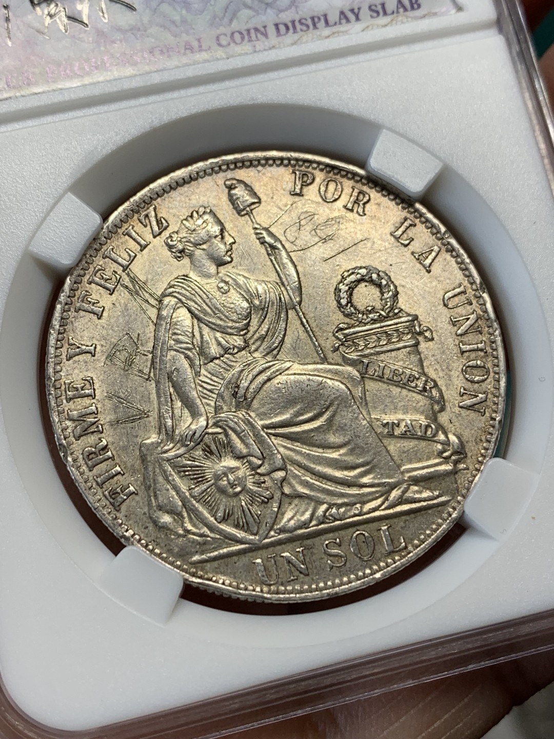 《竞宝斋》第148场-周日，周一 2场 (全场包邮) 1889年秘鲁大银币，1个世纪老银币，高银版 有划细节见图