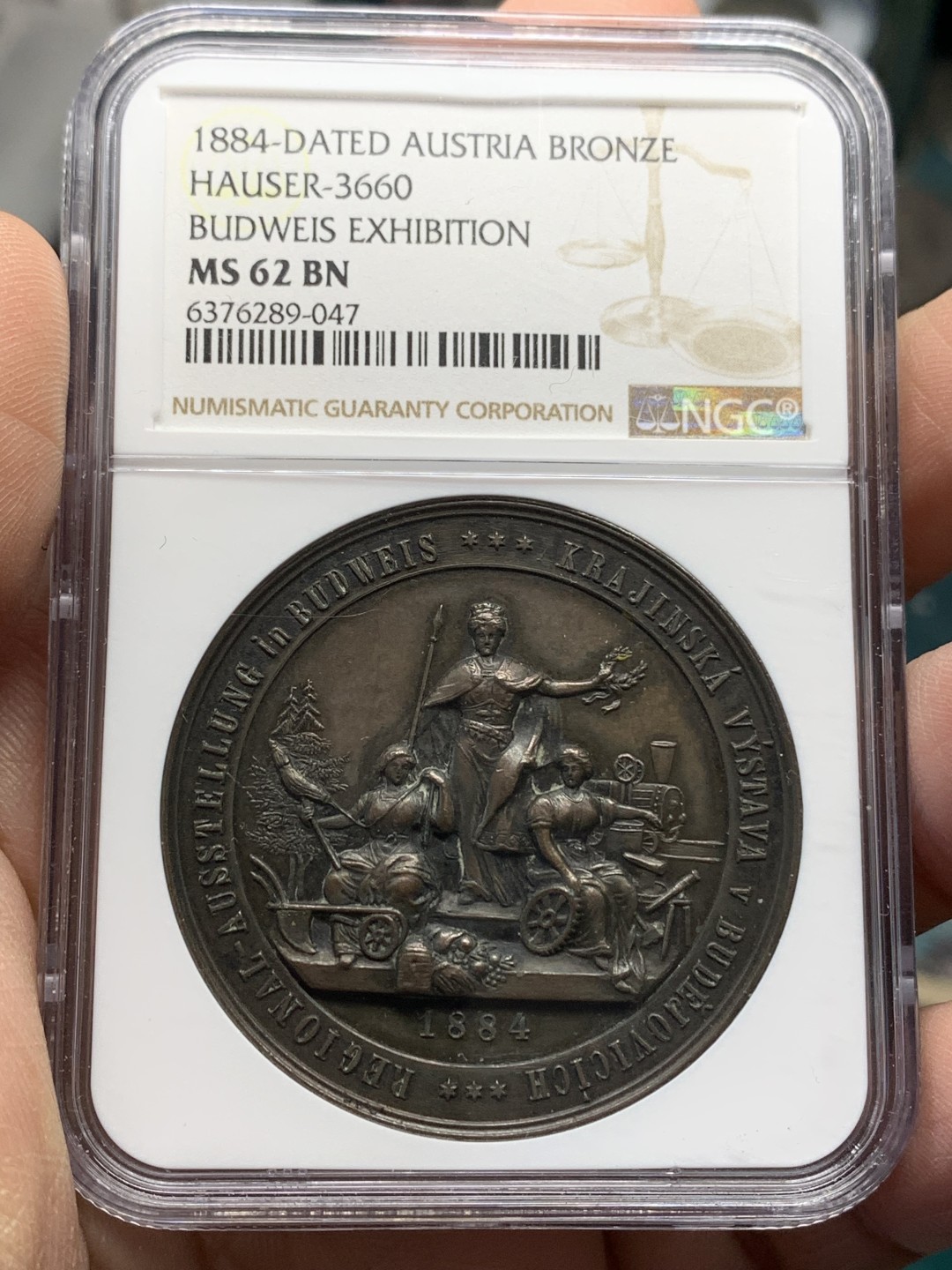 《竞宝斋》第148场-周日，周一 2场 (全场包邮) NGC-MS62 奥地利 1884 波西米亚展 纪念铜章 少见品种 细节极其丰富