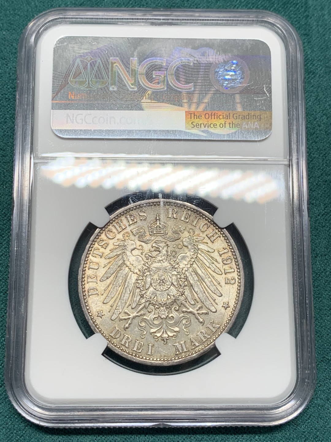 《竞宝斋》第148场-周日，周一 2场 (全场包邮) NGC MS63 德国 普鲁士1912年 3马克银币 威廉二世 光度好