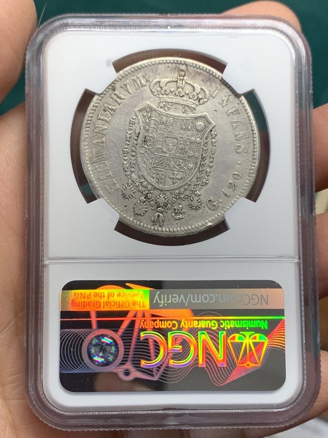 《竞宝斋》第148场-周日，周一 2场 (全场包邮) NGC XF 意大利/波旁-两西西里王朝，1818年120G大银币 费迪南多一世 小头版，状态不错，带减重痕