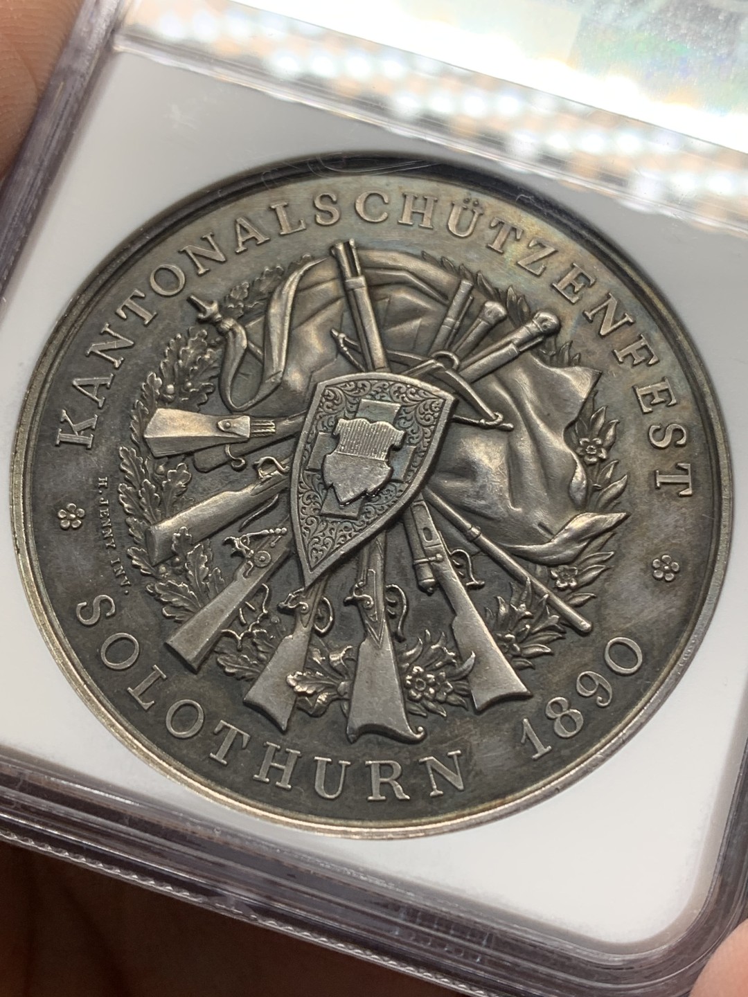 《竞宝斋》第148场-周日，周一 2场 (全场包邮) NGC-MS61 瑞士 1890年 索伦图恩 射击节 银章 少见品种 高浮雕漂亮