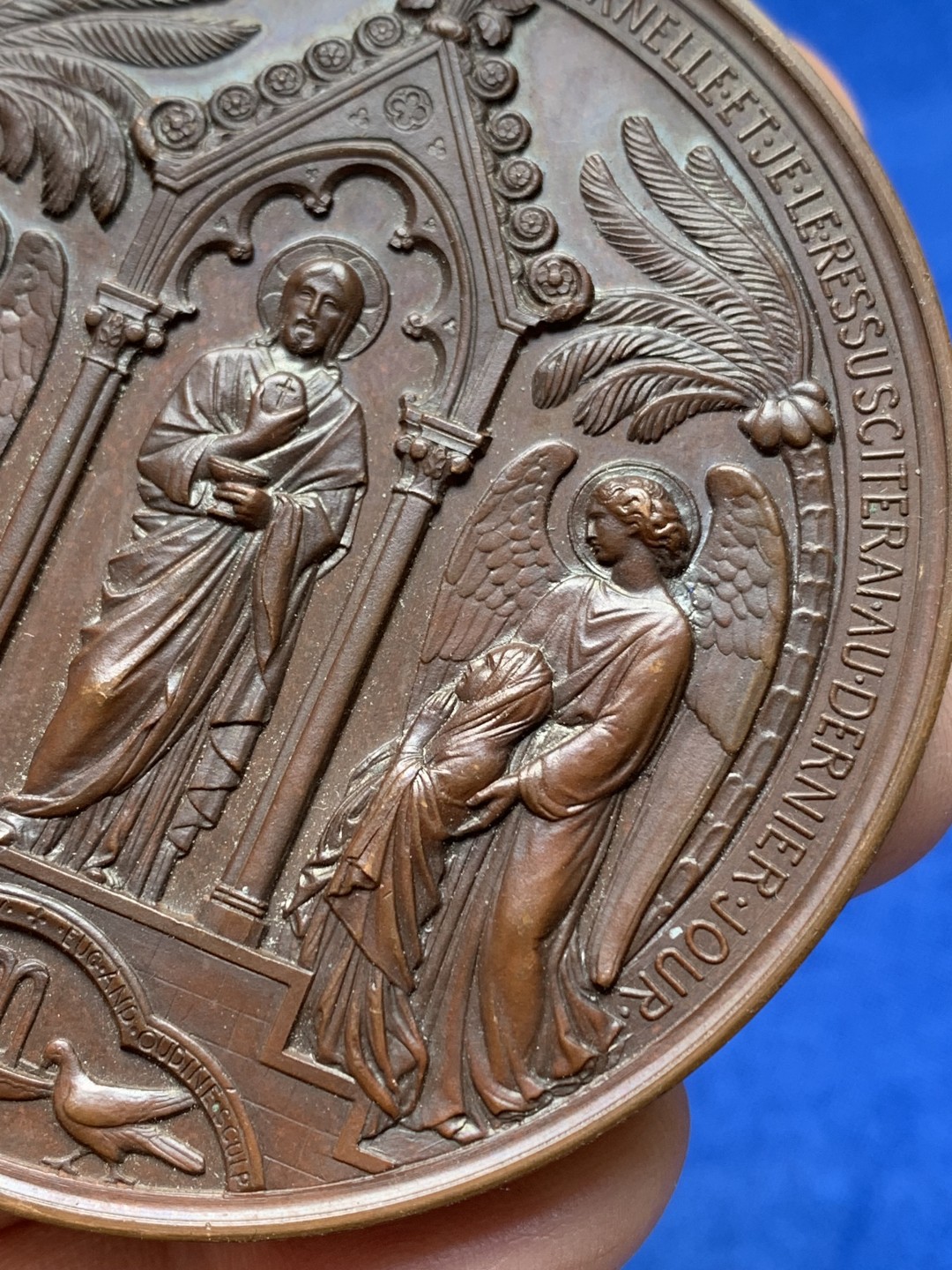 《竞宝斋》第148场-周日，周一 2场 (全场包邮) 法国1858年 宗教洗礼艺术铜章 早期好品 边铭：手指+铜标+BARBE  直径：69mm 重量：144g