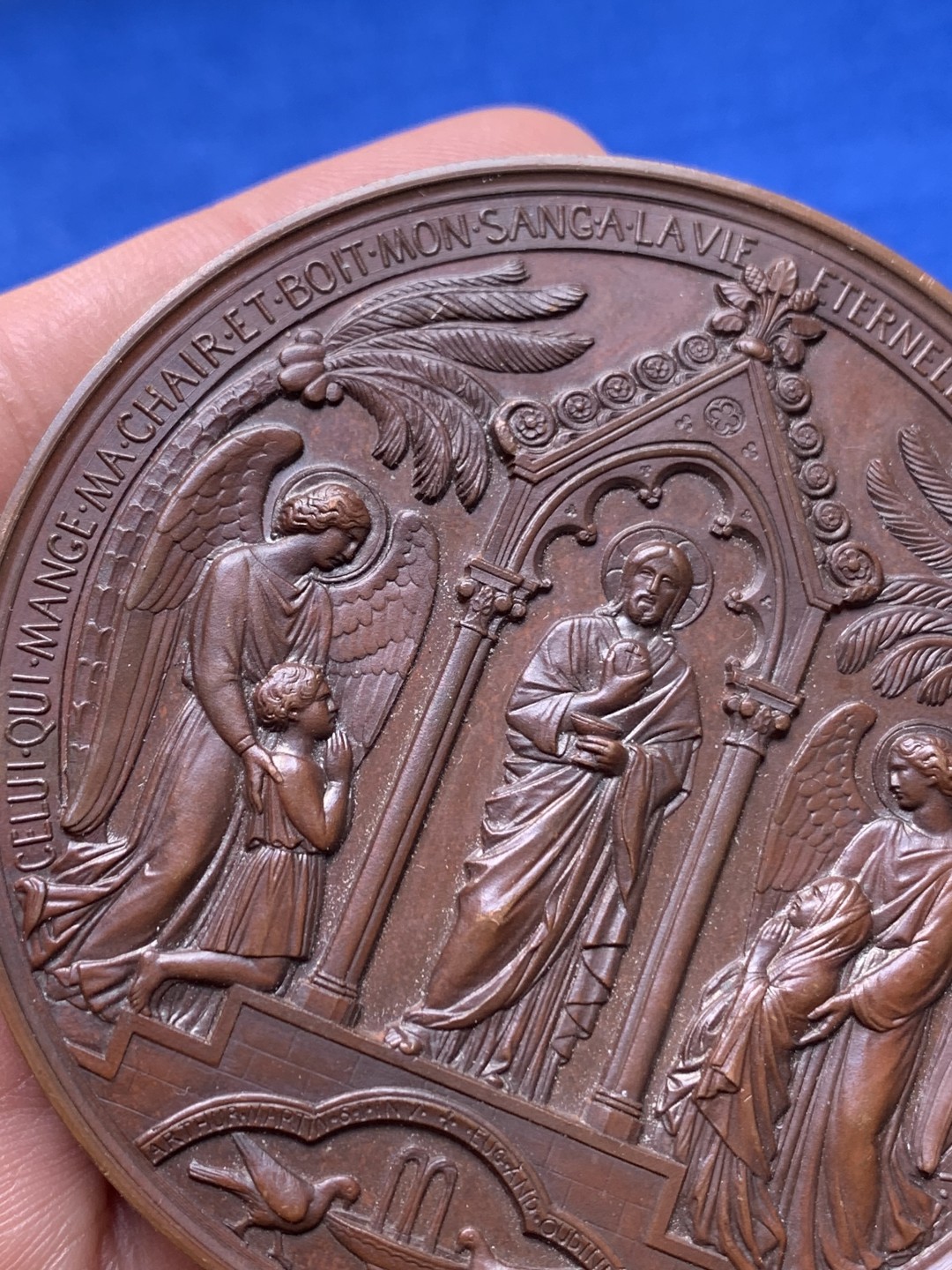 《竞宝斋》第148场-周日，周一 2场 (全场包邮) 法国1858年 宗教洗礼艺术铜章 早期好品 边铭：手指+铜标+BARBE  直径：69mm 重量：144g