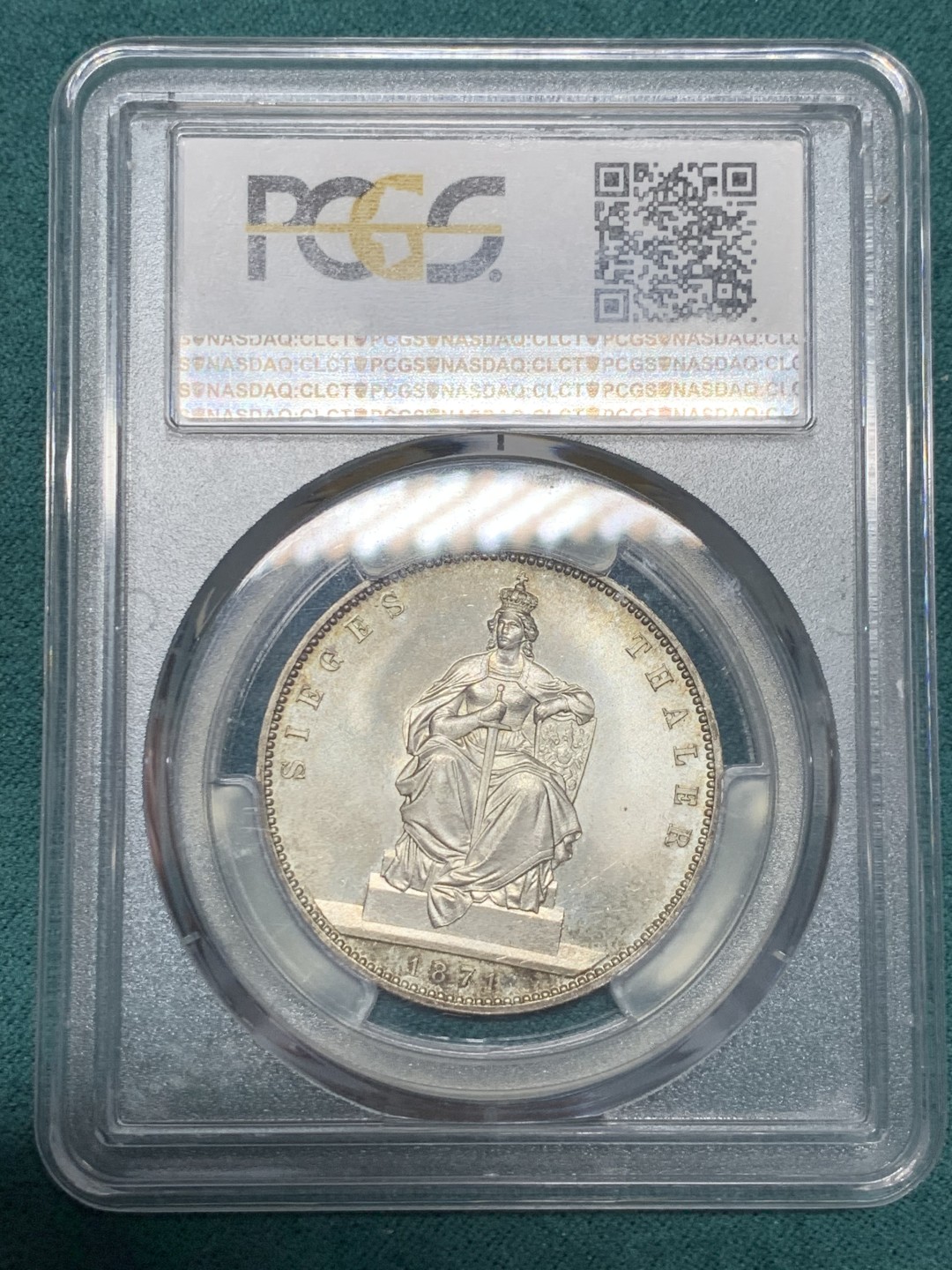 《竞宝斋》第148场-周日，周一 2场 (全场包邮) PCGS-MS64 德国 1871年 普鲁士威廉一世 胜利泰勒银币 双面杏色环彩 强丝绸光 普制64分所见最佳