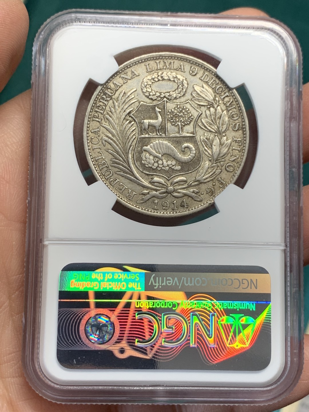 《竞宝斋》第148场-周日，周一 2场 (全场包邮) NGC AU55 秘鲁 1914年 1索尔银币 坐女神前期高银版