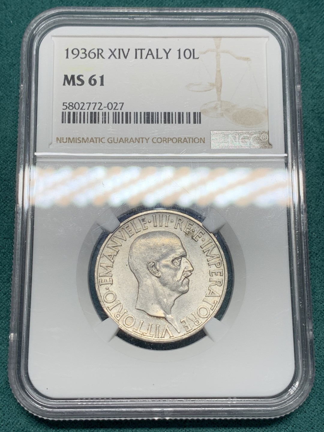 《竞宝斋》第148场-周日，周一 2场 (全场包邮) NGC-MS61 意大利 1936 伊曼纽尔三世 10里拉 银币