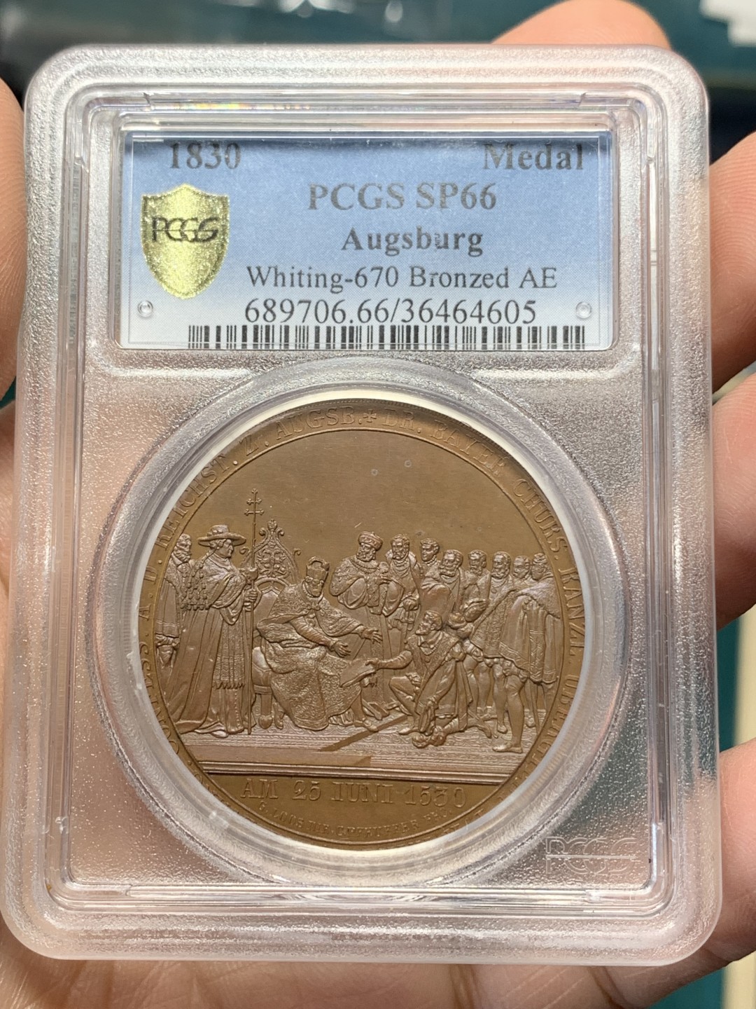 《竞宝斋》第148场-周日，周一 2场 (全场包邮) PCGS SP66 1830年奥格斯堡信条颁布300周年铜章，纷繁复杂的设计包含了众多历史人物和邦徽，P盒唯一纪录，珍藏级