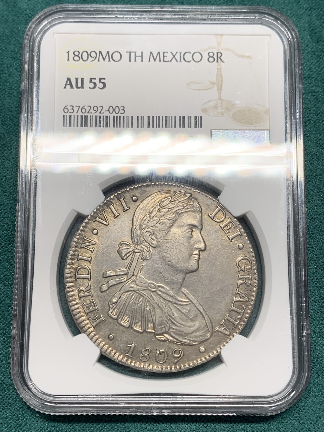 《竞宝斋》第148场-周日，周一 2场 (全场包邮) NGC AU55 墨西哥 1809年 费七戎装版 8R 双柱大银币 打制极好 可藏