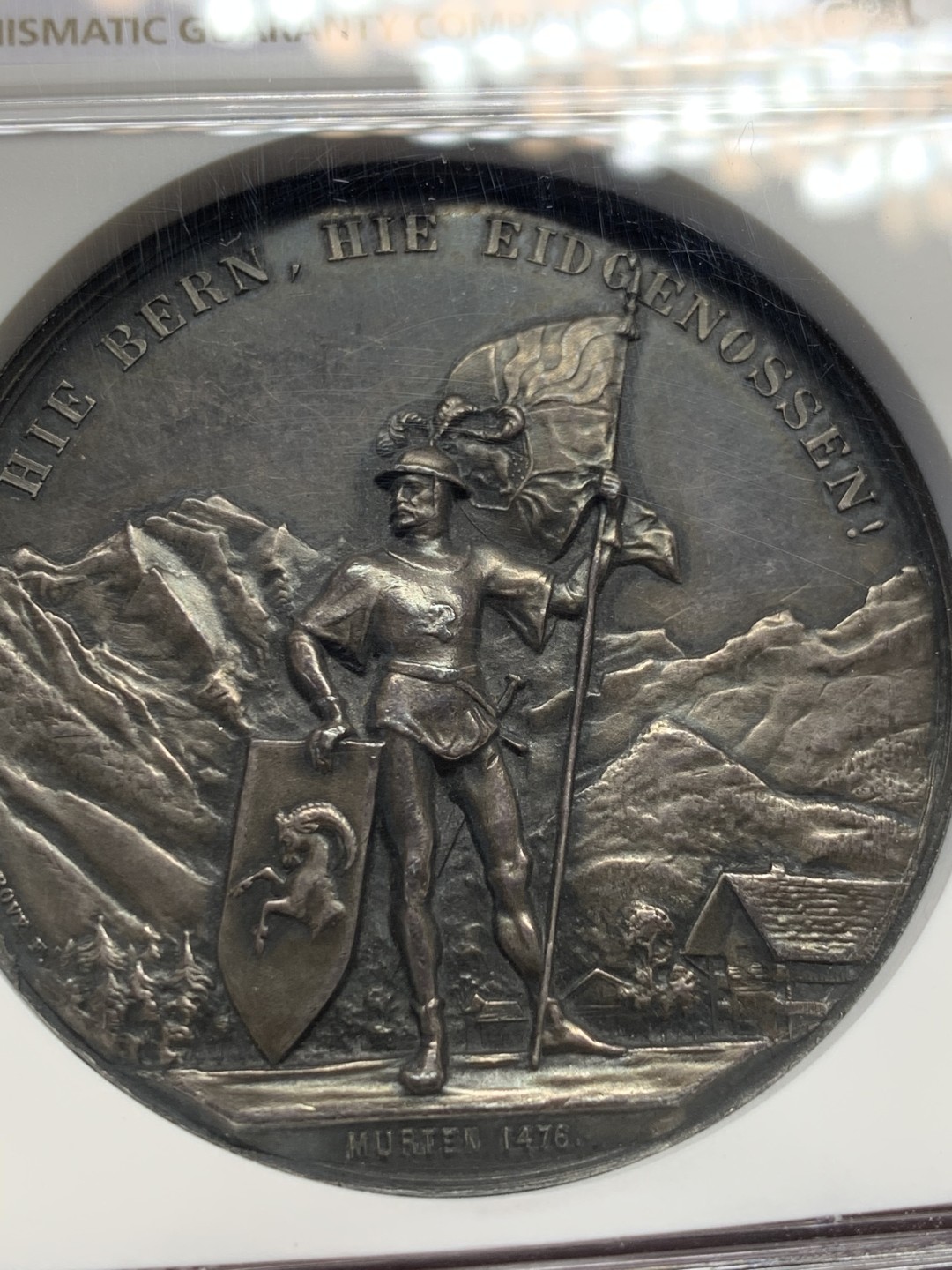 《竞宝斋》第148场-周日，周一 2场 (全场包邮) NGC-MS61 瑞士1888年 狩猎节大银章 背面三徽 系列里的难点