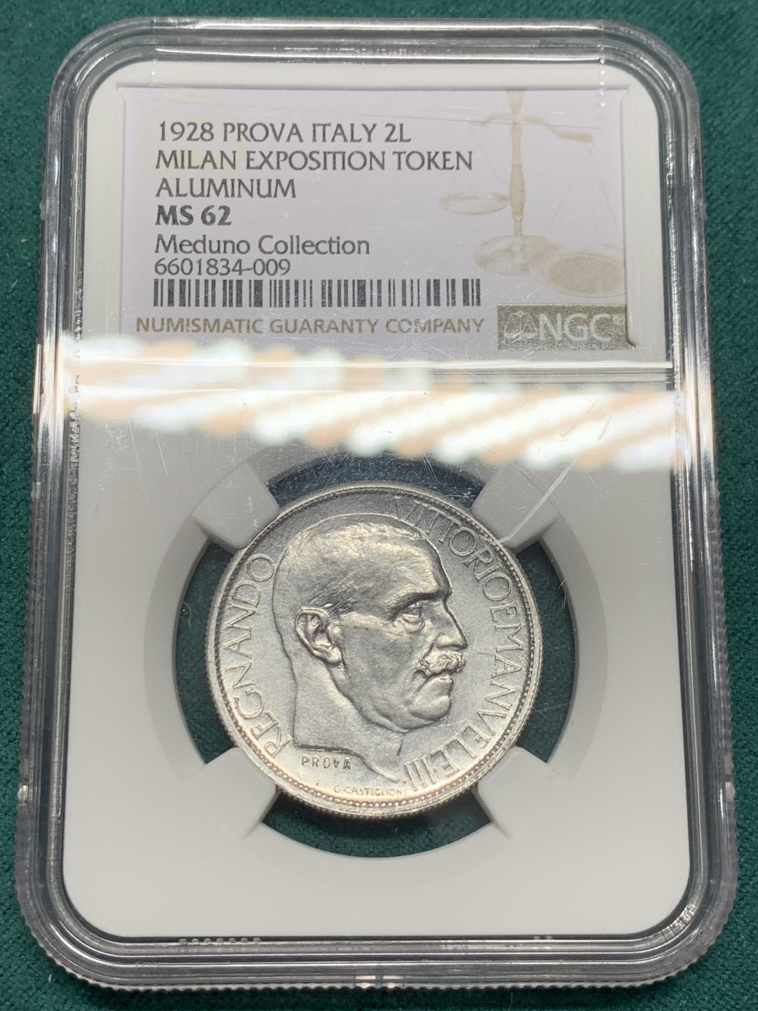 《竞宝斋》第148场-周日，周一 2场 (全场包邮) NGC MS62  意大利 1928年 米兰世博会2里拉代币PROVA铝制样币 目前所见状态最好 源自著名的 Meduno意大利样币集藏