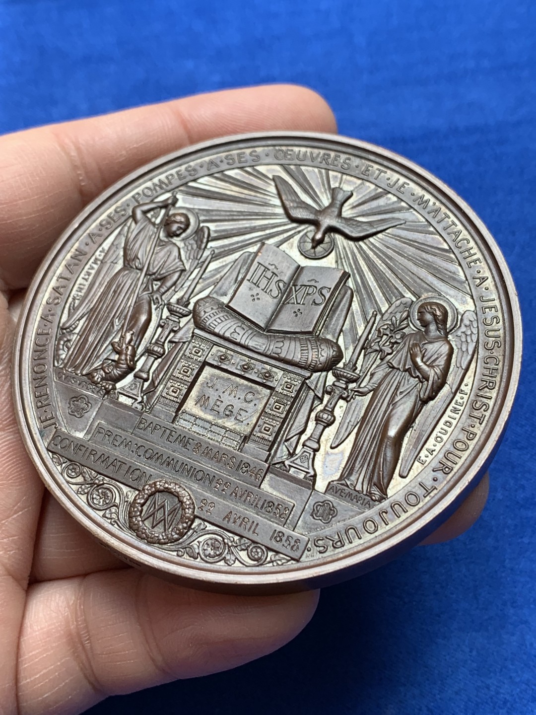 《竞宝斋》第148场-周日，周一 2场 (全场包邮) 法国1858年 宗教洗礼艺术铜章 早期好品 边铭：手指+铜标+BARBE  直径：69mm 重量：144g