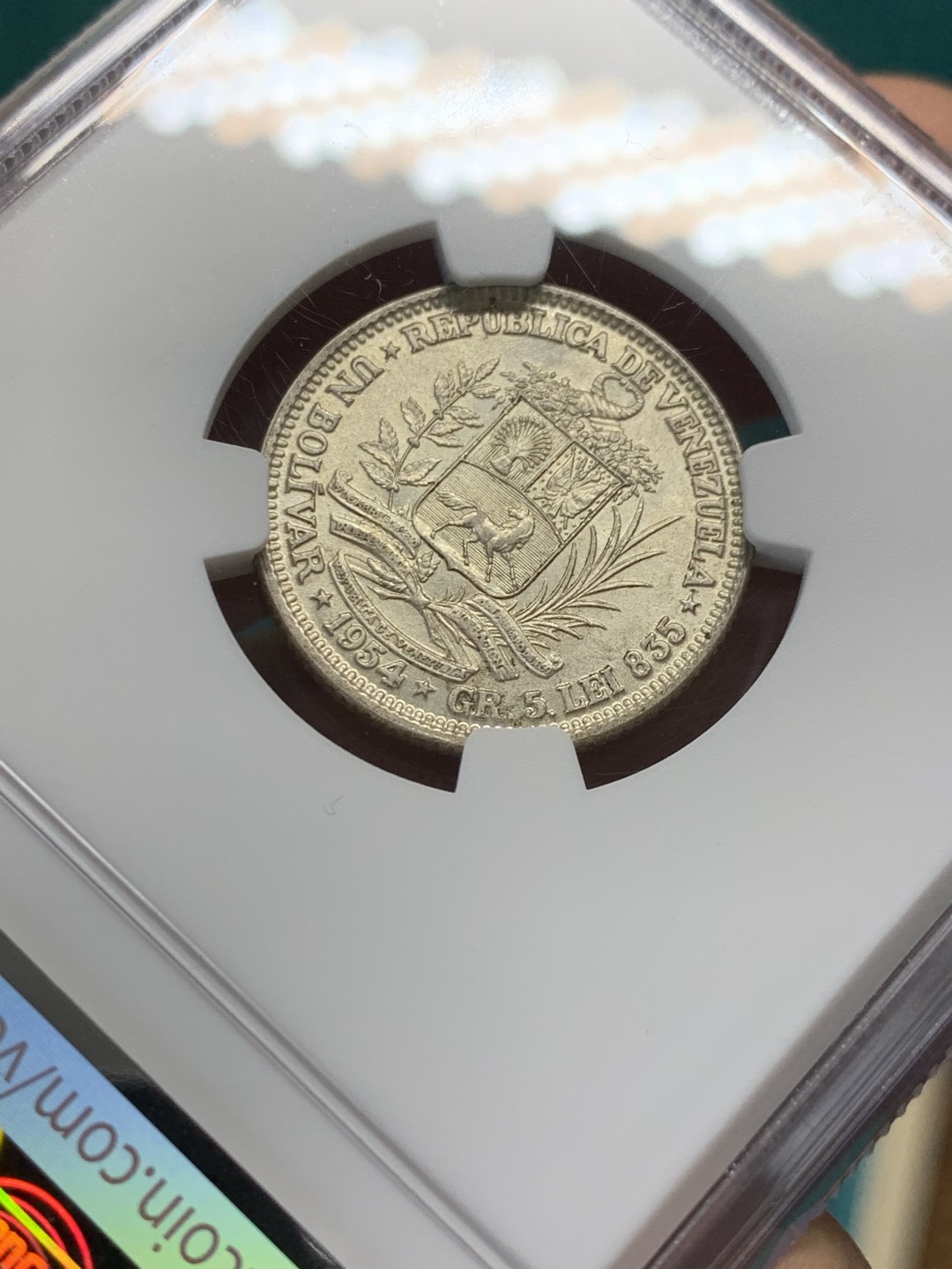 《竞宝斋》第148场-周日，周一 2场 (全场包邮) NGC-MS63 委内瑞拉1954年 1玻利瓦尔银币 原光好品