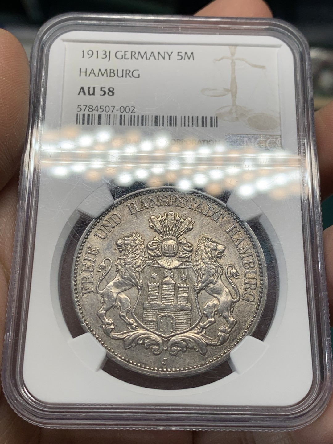 《竞宝斋》第148场-周日，周一 2场 (全场包邮) NGC-AU58 德国 1913年 汉堡5马克银币 细节不错 有点低评