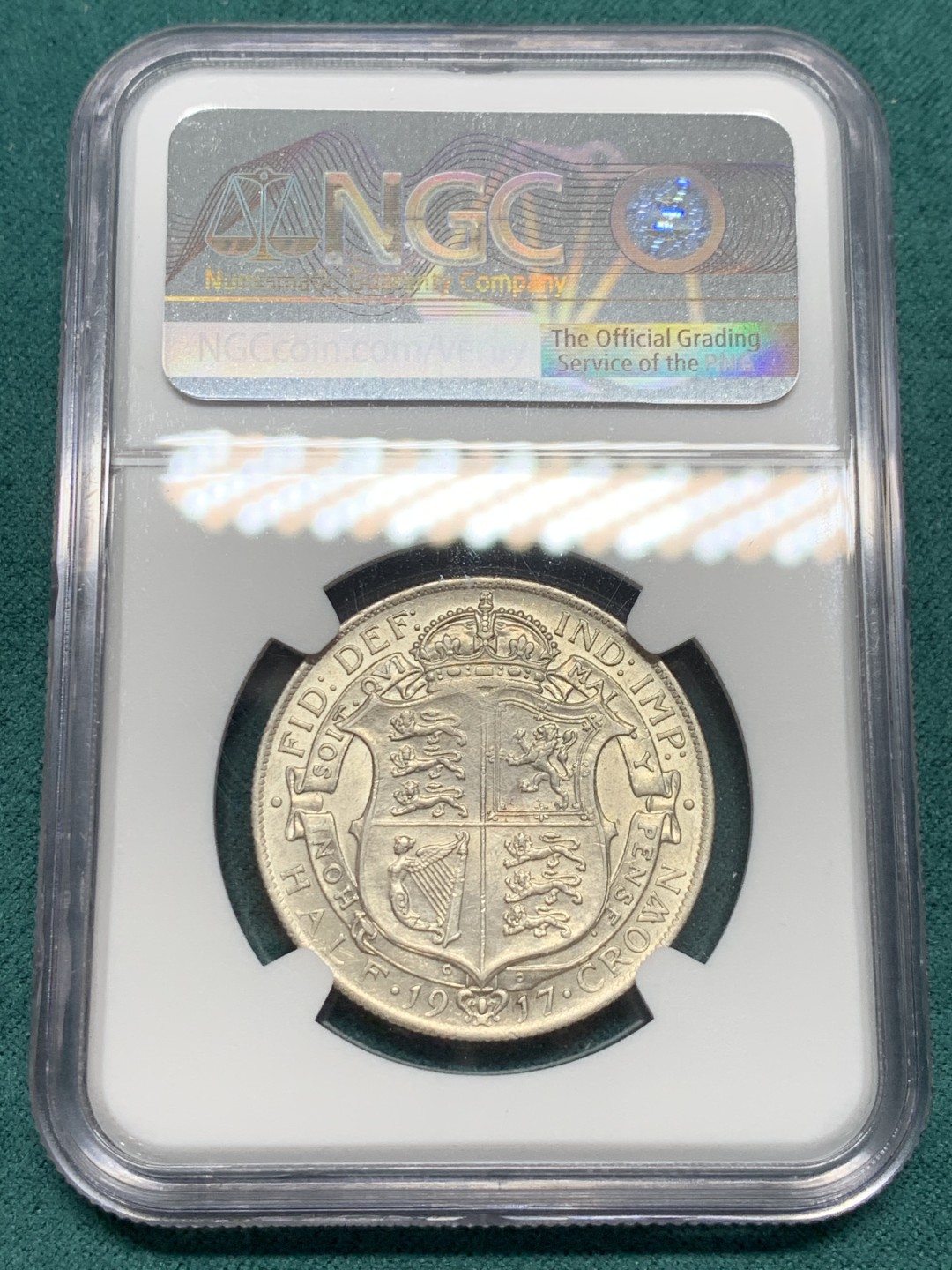 《竞宝斋》第148场-周日，周一 2场 (全场包邮) NGC-AU58 英国 1917年 乔治五世半克朗银币 乔五早期年份 925高银版 原色银光 转光流畅