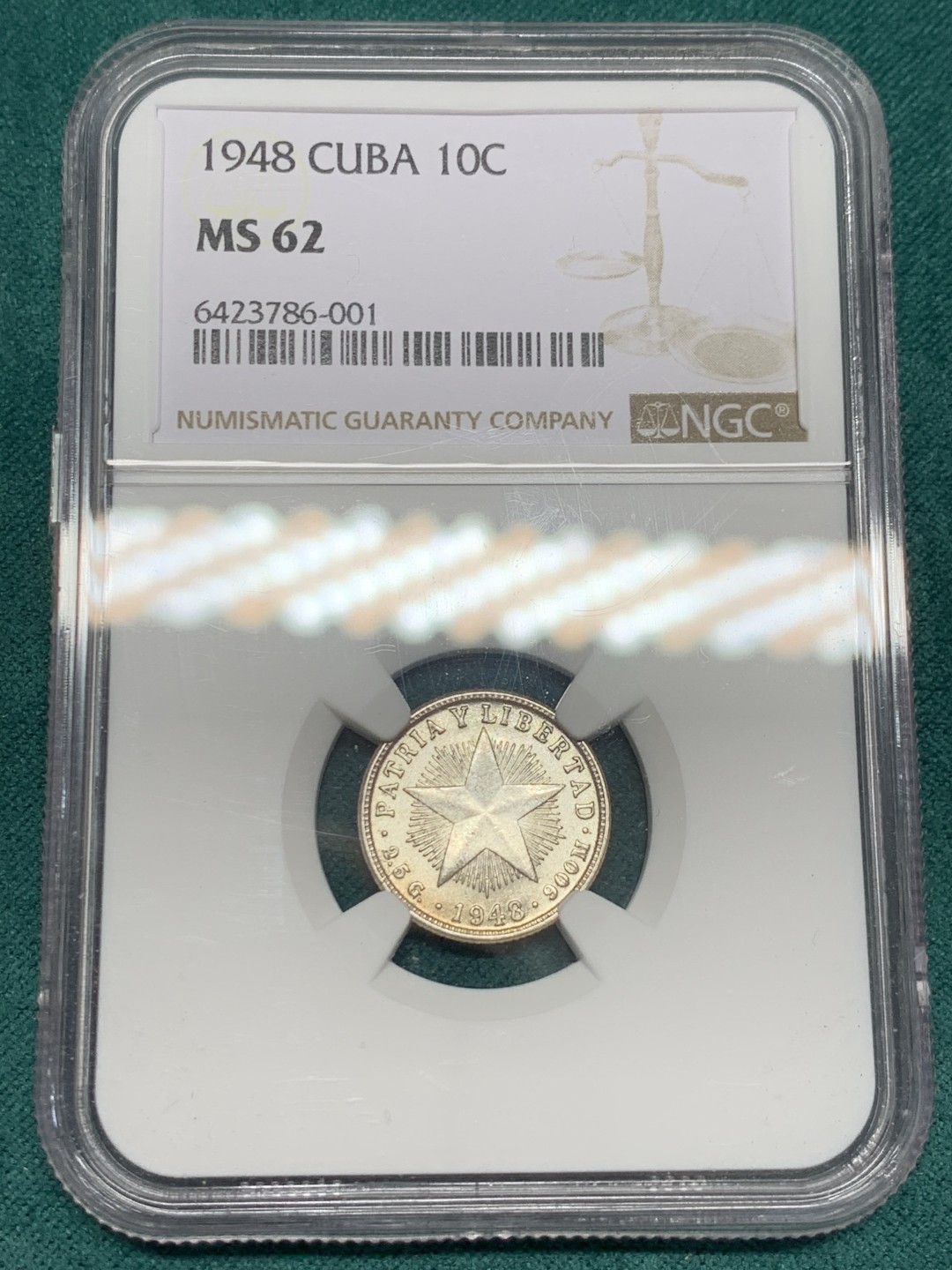 《竞宝斋》第148场-周日，周一 2场 (全场包邮) NGC-MS62 古巴1948年 10分大五星银币 48年比49年少很多