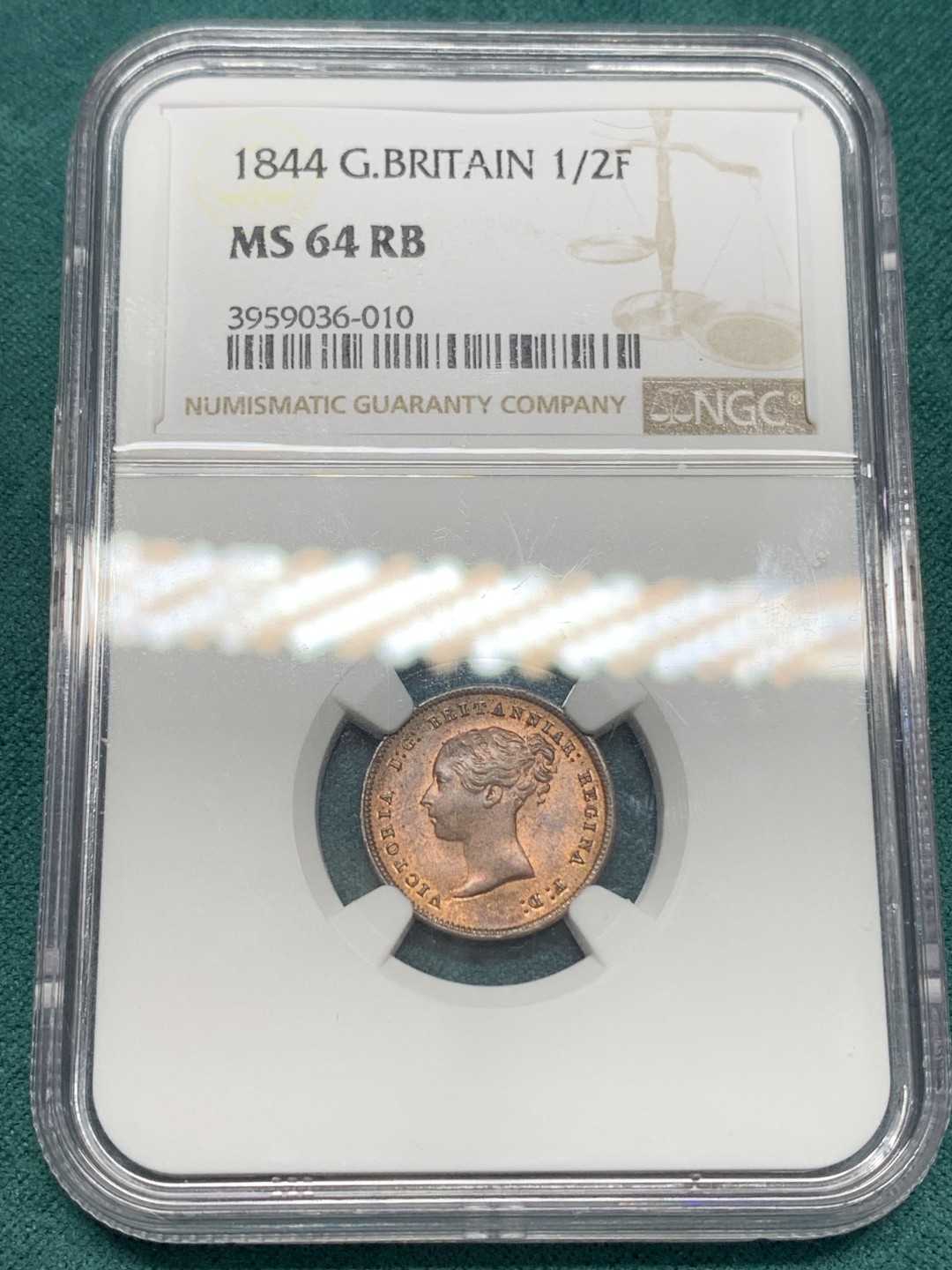 《竞宝斋》第148场-周日，周一 2场 (全场包邮) NGC-MS64RB 英国 1844年 小维1/2法新铜币 铜色完好 底光充沛