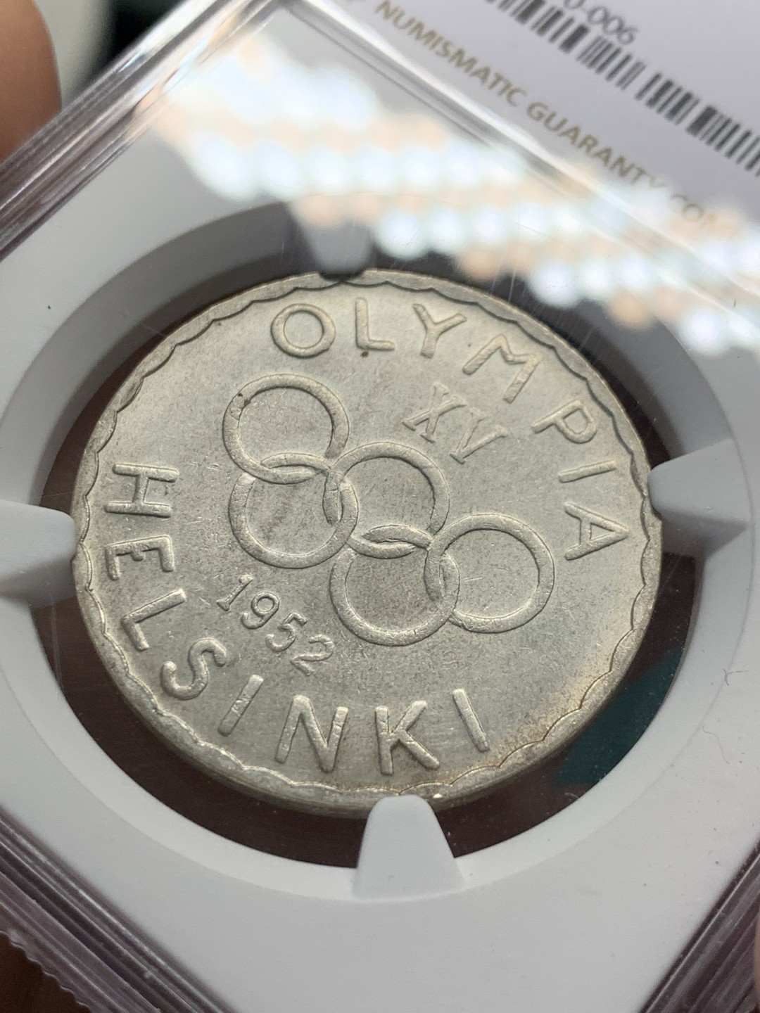 《竞宝斋》第148场-周日，周一 2场 (全场包邮) NGC-MS62 芬兰1952年 五环500马克大银币 顶级好品