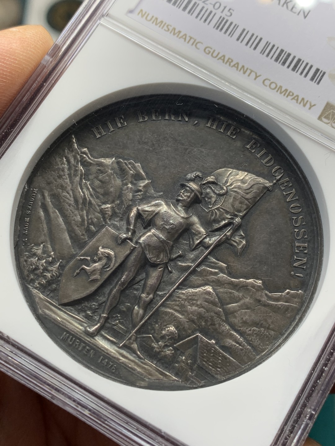 《竞宝斋》第148场-周日，周一 2场 (全场包邮) NGC-MS61 瑞士1888年 狩猎节大银章 背面三徽 系列里的难点