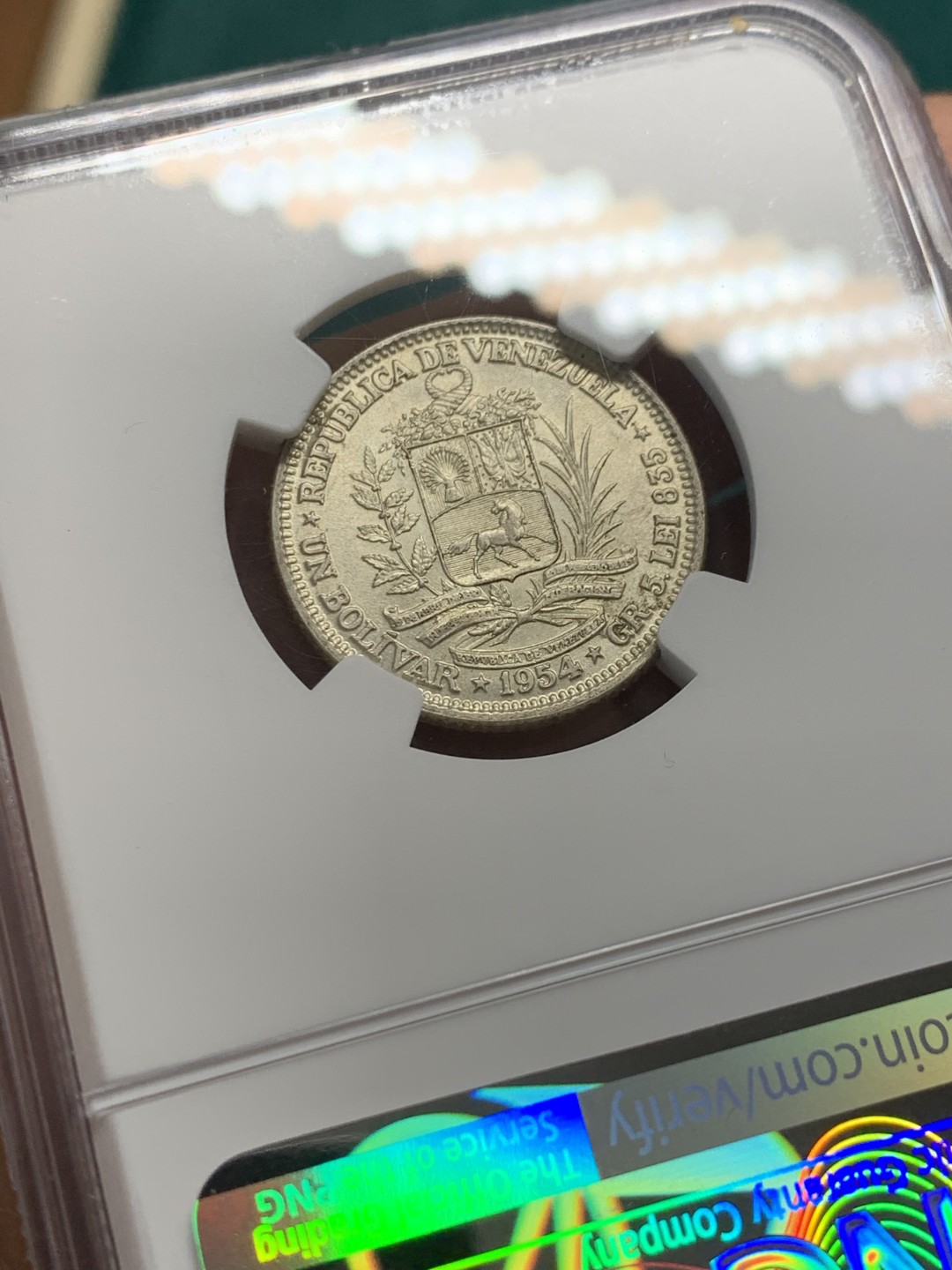 《竞宝斋》第148场-周日，周一 2场 (全场包邮) NGC-MS63 委内瑞拉1954年 1玻利瓦尔银币 原光好品