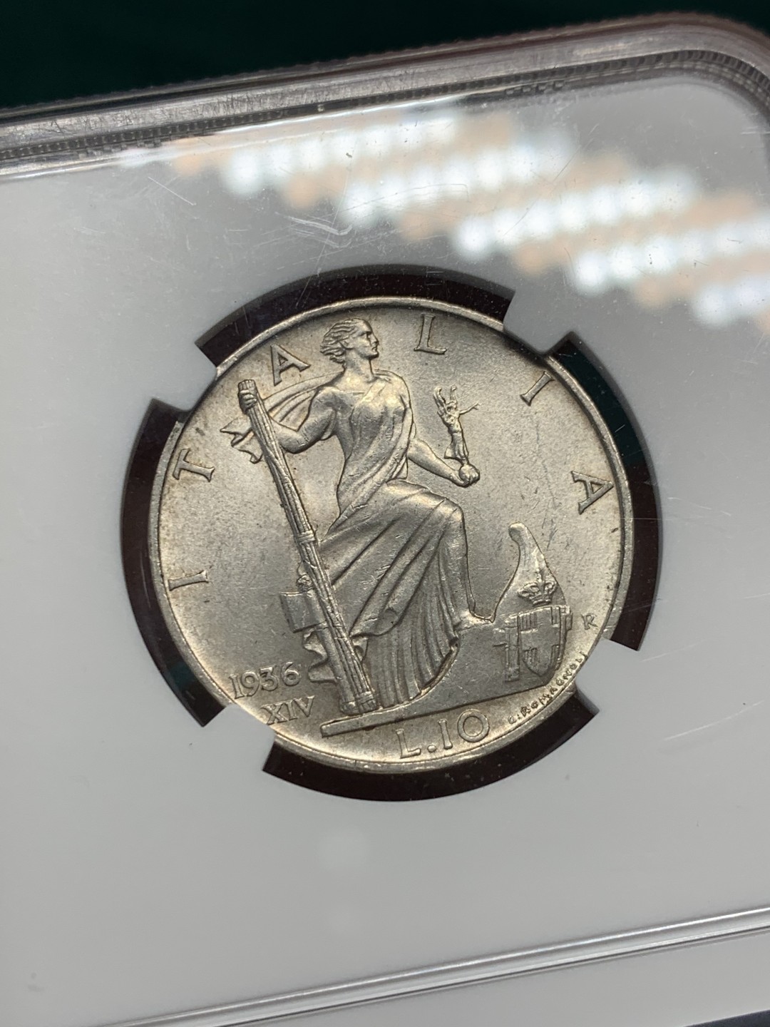 《竞宝斋》第148场-周日，周一 2场 (全场包邮) NGC-MS61 意大利 1936 伊曼纽尔三世 10里拉 银币