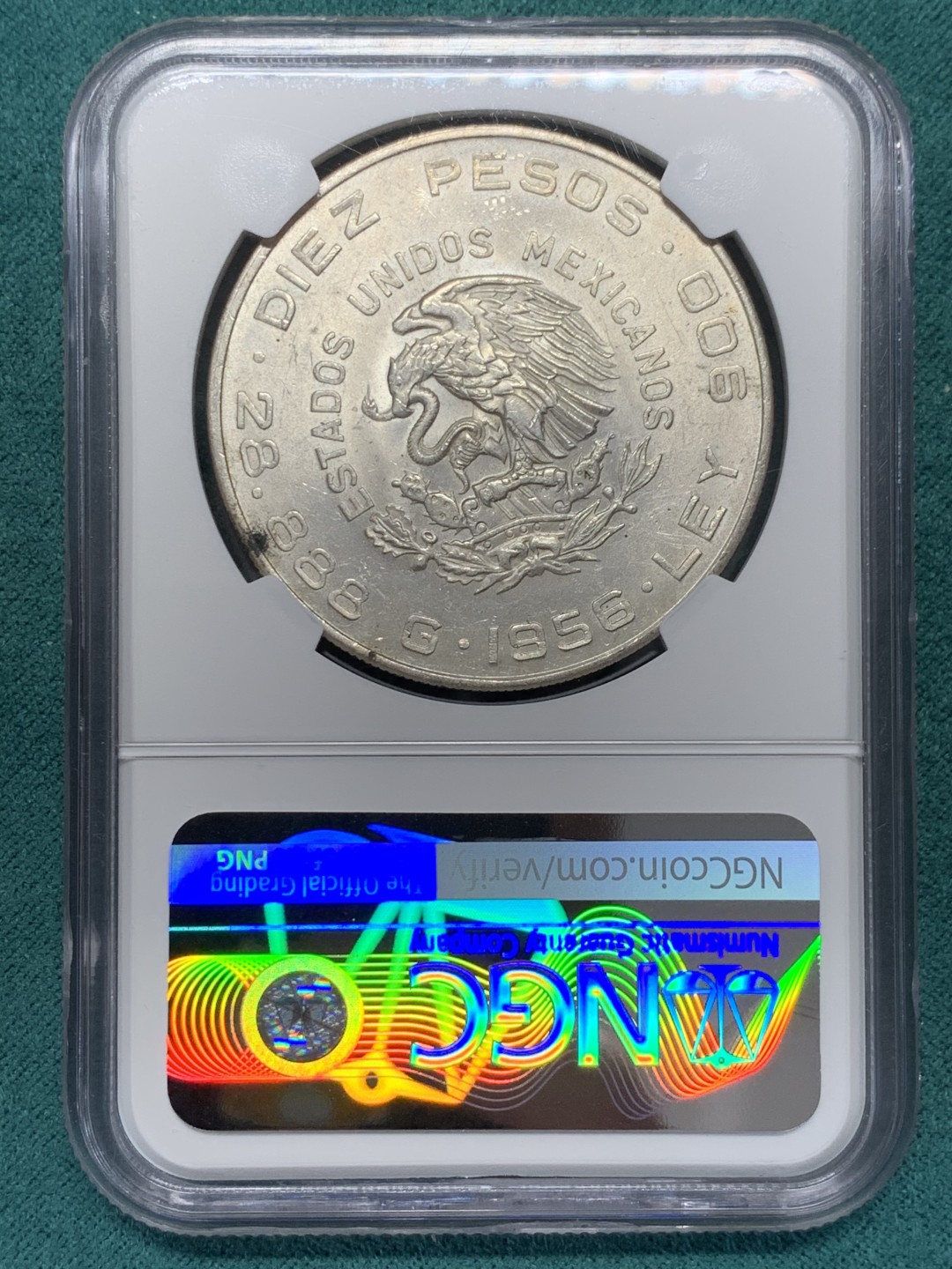 《竞宝斋》第148场-周日，周一 2场 (全场包邮) NGC-MS63 墨西哥1956年 10比索大银币 顶级原光好品 现在墨西哥币都涨的厉害 