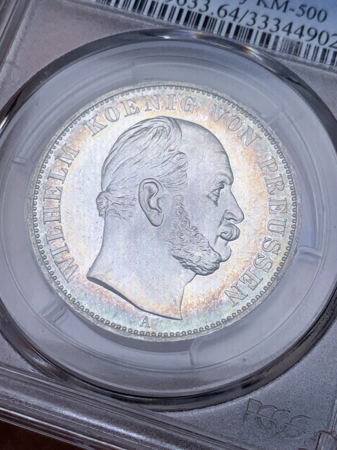 《竞宝斋》第148场-周日，周一 2场 (全场包邮) PCGS-MS64 德国 1871年 普鲁士威廉一世 胜利泰勒银币 双面杏色环彩 强丝绸光 普制64分所见最佳