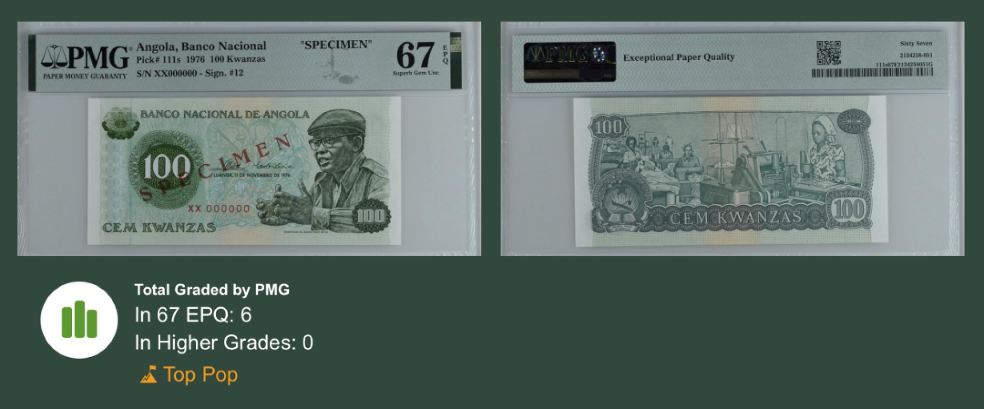 收藏联盟Quantum Auction 第245期拍卖  安哥拉1976年100克瓦查样票 PMG67 冠军分