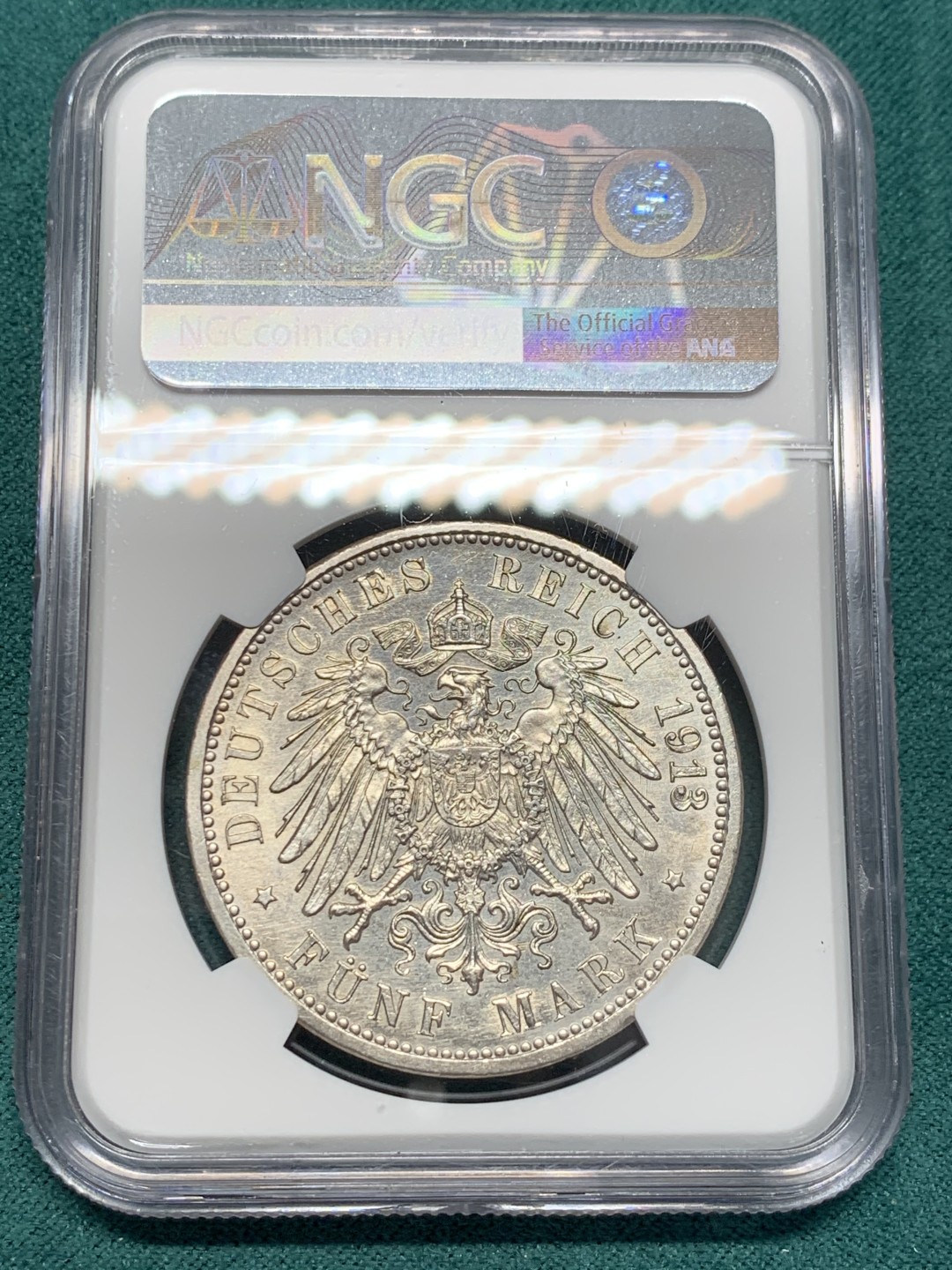 《竞宝斋》第148场-周日，周一 2场 (全场包邮) NGC-MS63 德国1913年 巴登 5马克 大银币 少见品种