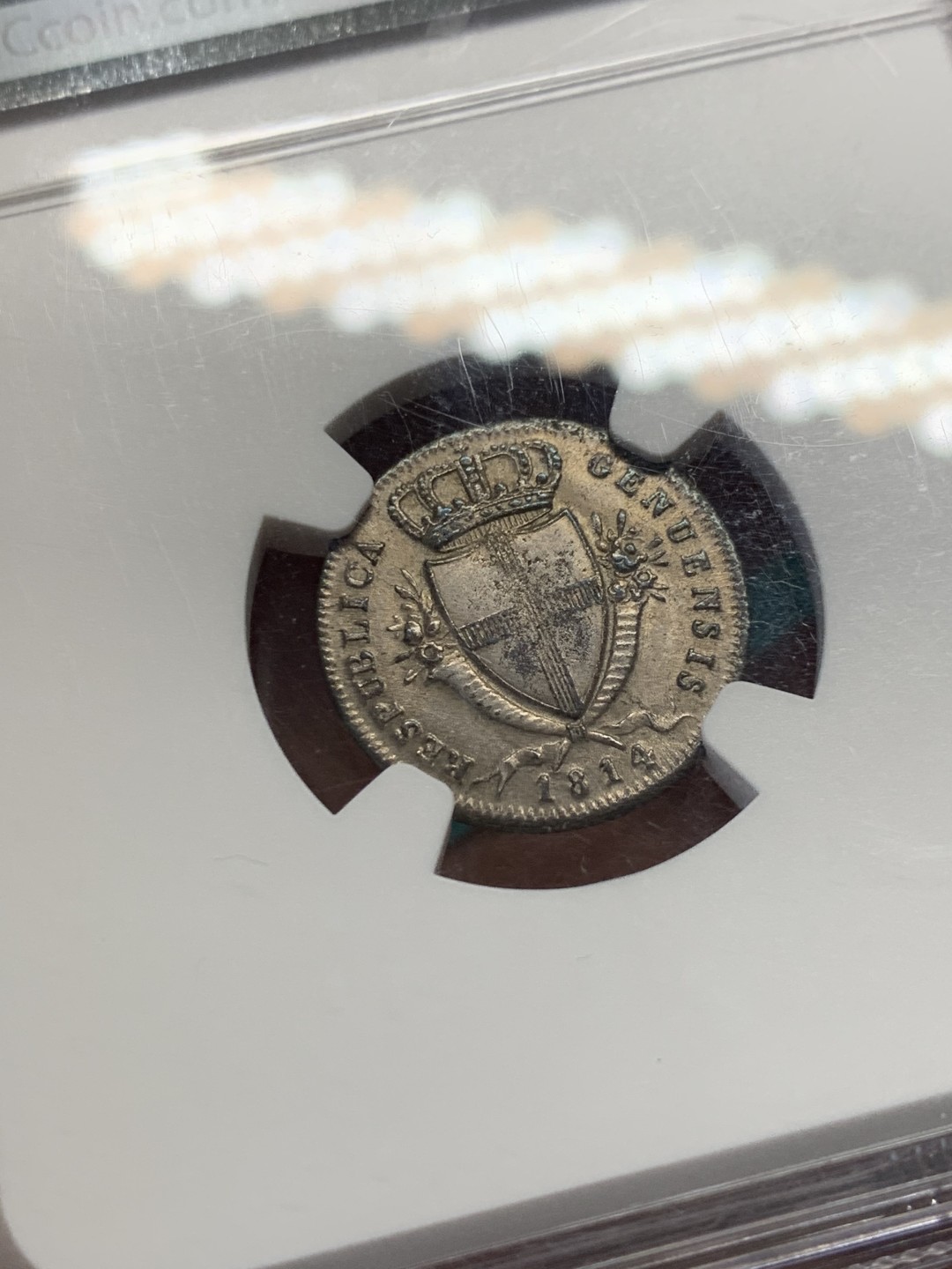 《竞宝斋》第148场-周日，周一 2场 (全场包邮) NGC-MS62 意大利 热那亚 1814年 2Soldi 少见品种  好看的圣母图案