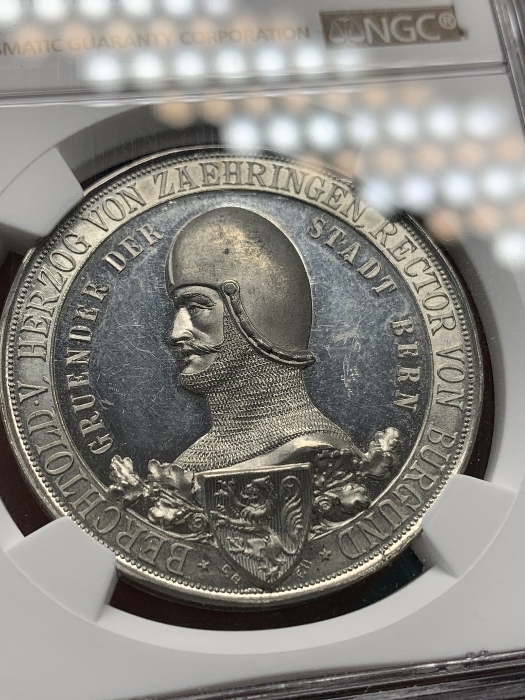 《竞宝斋》第148场-周日，周一 2场 (全场包邮) NGC MS62 1891年瑞士伯尔尼建城700周年纪念合金章 镜面底板 品相状态很不错