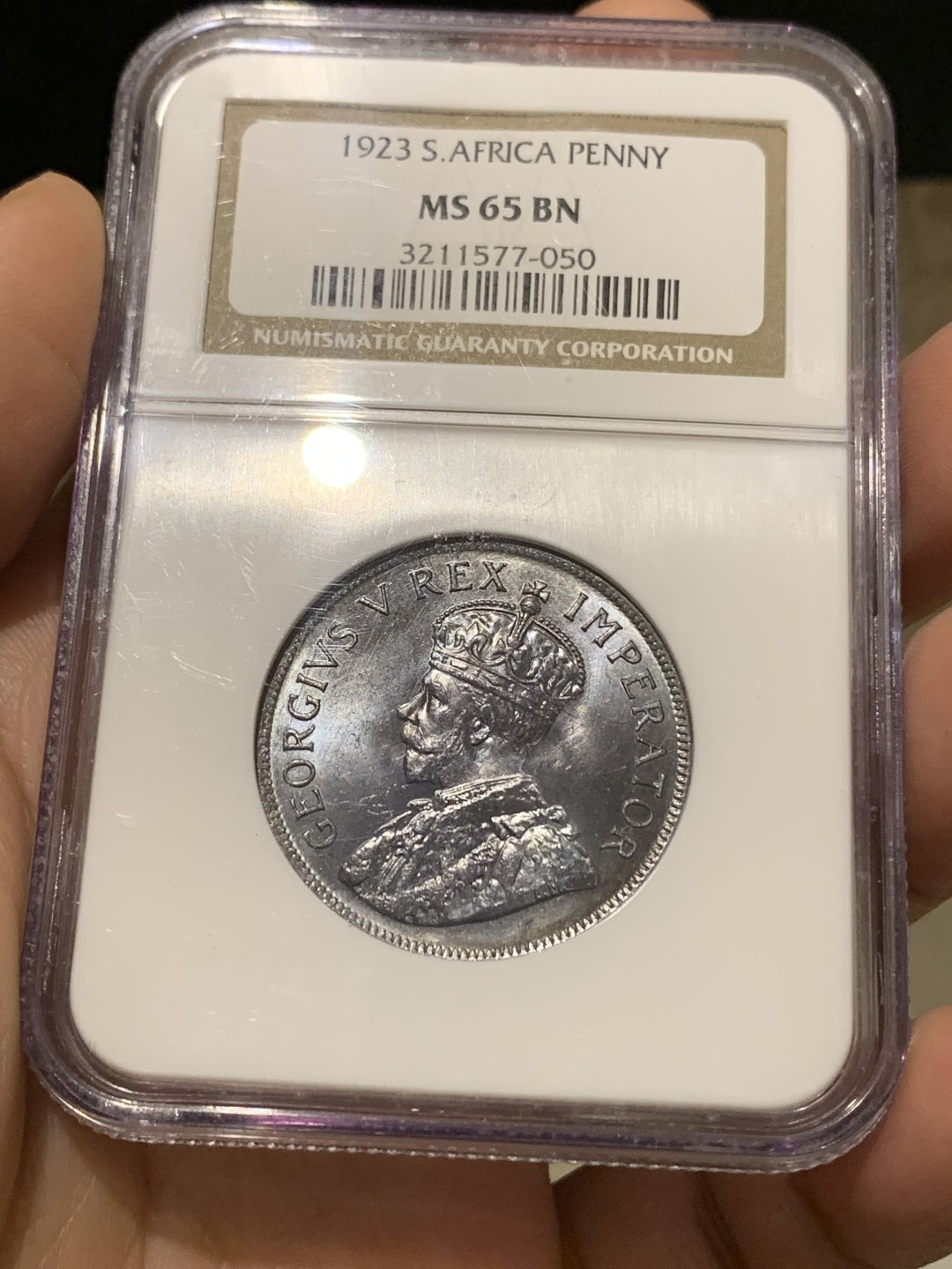 《竞宝斋》第148场-周日，周一 2场 (全场包邮) 季军 NGC MS65BN 英属南非 1923 乔五1便士铜币 恰好百年 保存难得