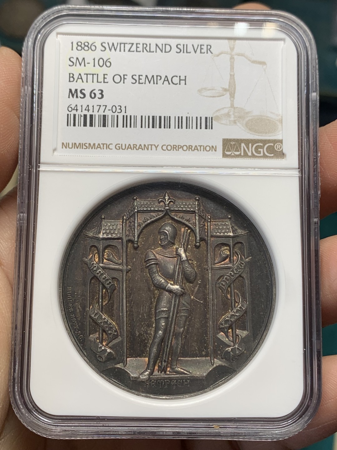 《竞宝斋》第148场-周日，周一 2场 (全场包邮) NGC MS63 1886年瑞士森帕赫战役500周年纪念银章 难得品相状态 镜面底板 五彩包浆