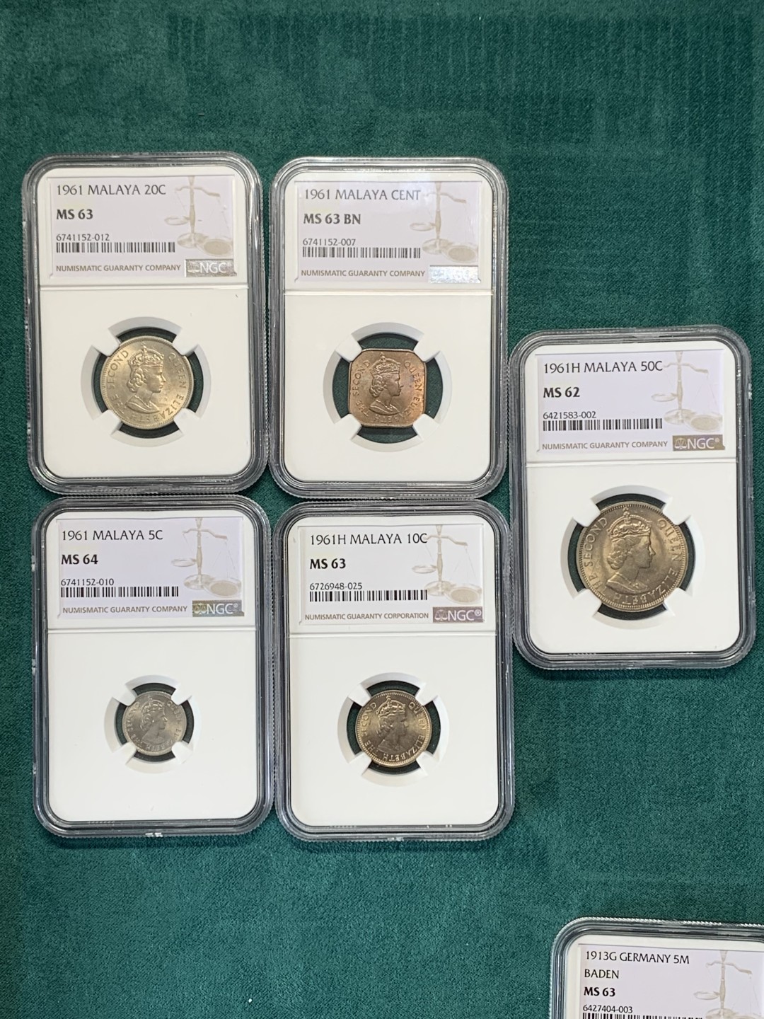 《竞宝斋》第148场-周日，周一 2场 (全场包邮) 5枚一组 NGC MS62-64英属马来亚1961年清年份套币，伊丽莎白二世最后一年的荣光第二年就没有女王头像了
