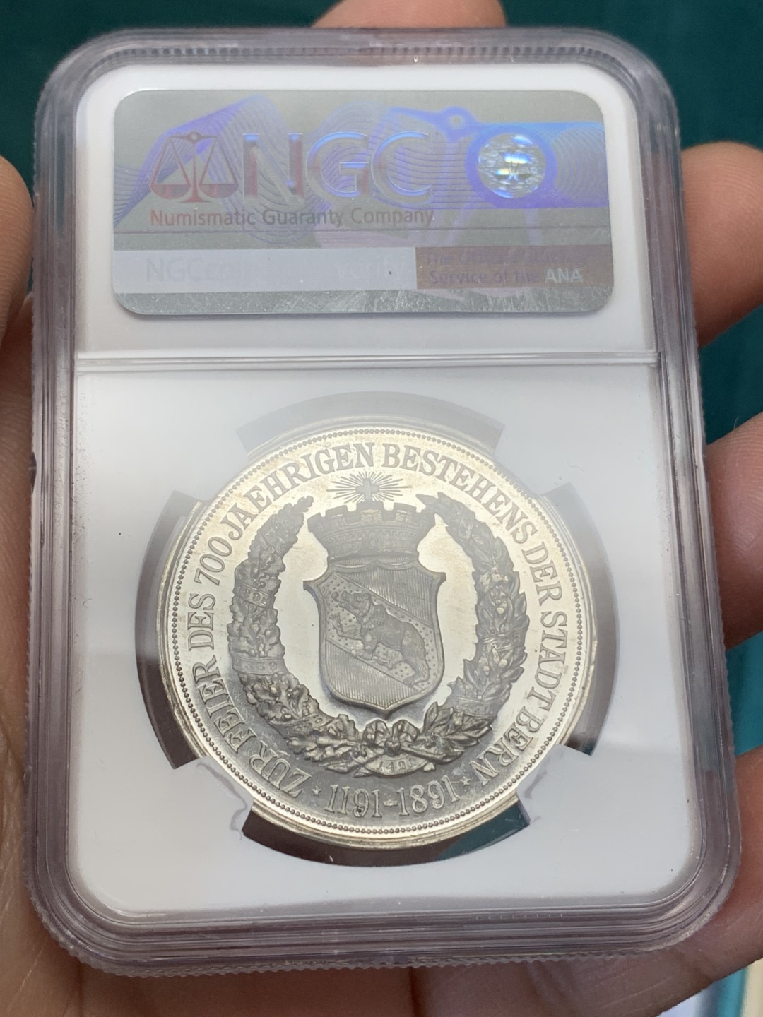 《竞宝斋》第148场-周日，周一 2场 (全场包邮) NGC MS62 1891年瑞士伯尔尼建城700周年纪念合金章 镜面底板 品相状态很不错