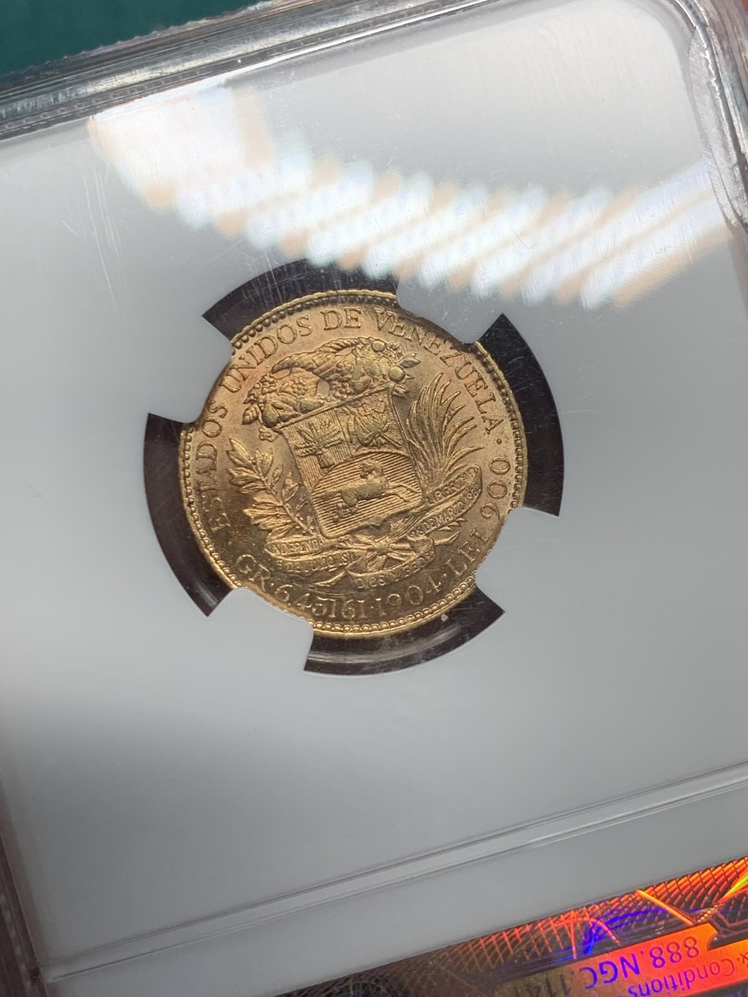 《竞宝斋》第148场-周日，周一 2场 (全场包邮) NGC-MS61 1904 委内瑞拉 20玻利瓦尔金币 6.45克 低评了