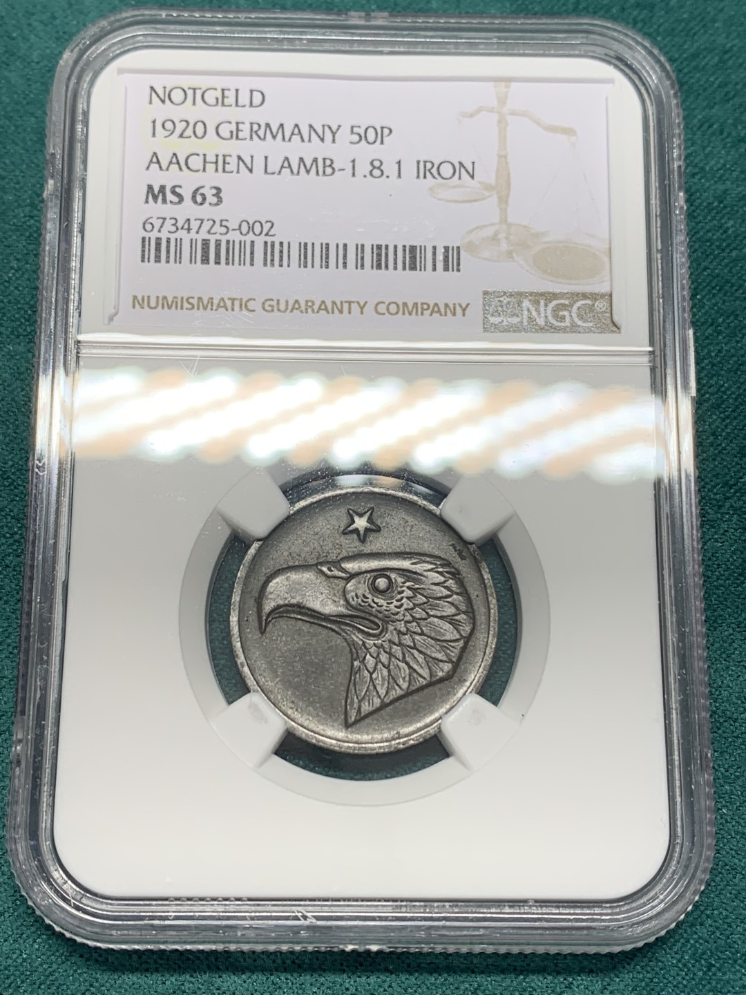 《竞宝斋》第148场-周日，周一 2场 (全场包邮) NGC-MS63 德紧1920年亚琛鹰头铁币50芬尼，大嘴鹰版别，德紧系列大名誉品，包浆均匀自然，一枚自藏
