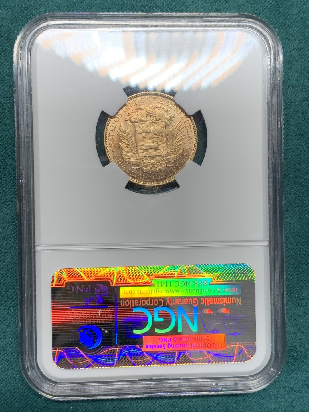 《竞宝斋》第148场-周日，周一 2场 (全场包邮) NGC-MS61 1904 委内瑞拉 20玻利瓦尔金币 6.45克 低评了