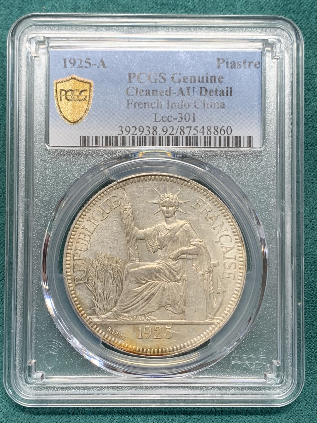 《竞宝斋》第148场-周日，周一 2场 (全场包邮) PCGS评级 AUD92 法属印支 1925年 坐洋 壹元 银币脸部清晰 地板好